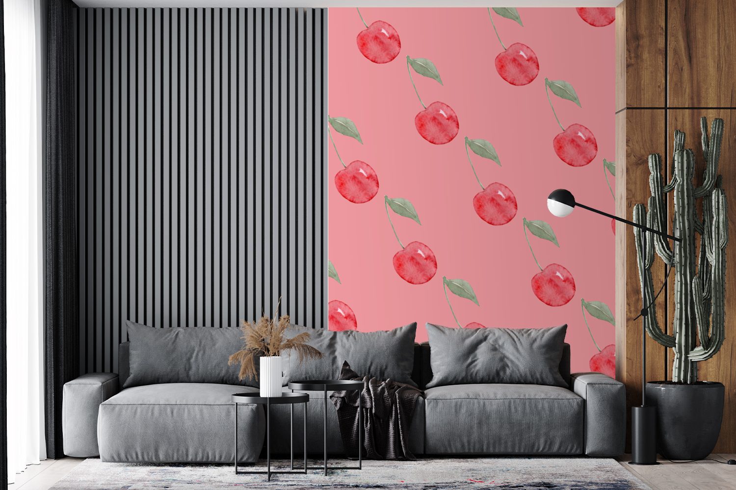Wohnzimmer, Obst - Montagefertig MuchoWow bedruckt, Wandtapete Matt, für Aquarell, Vinyl - Kirschen Tapete (3 St), Fototapete