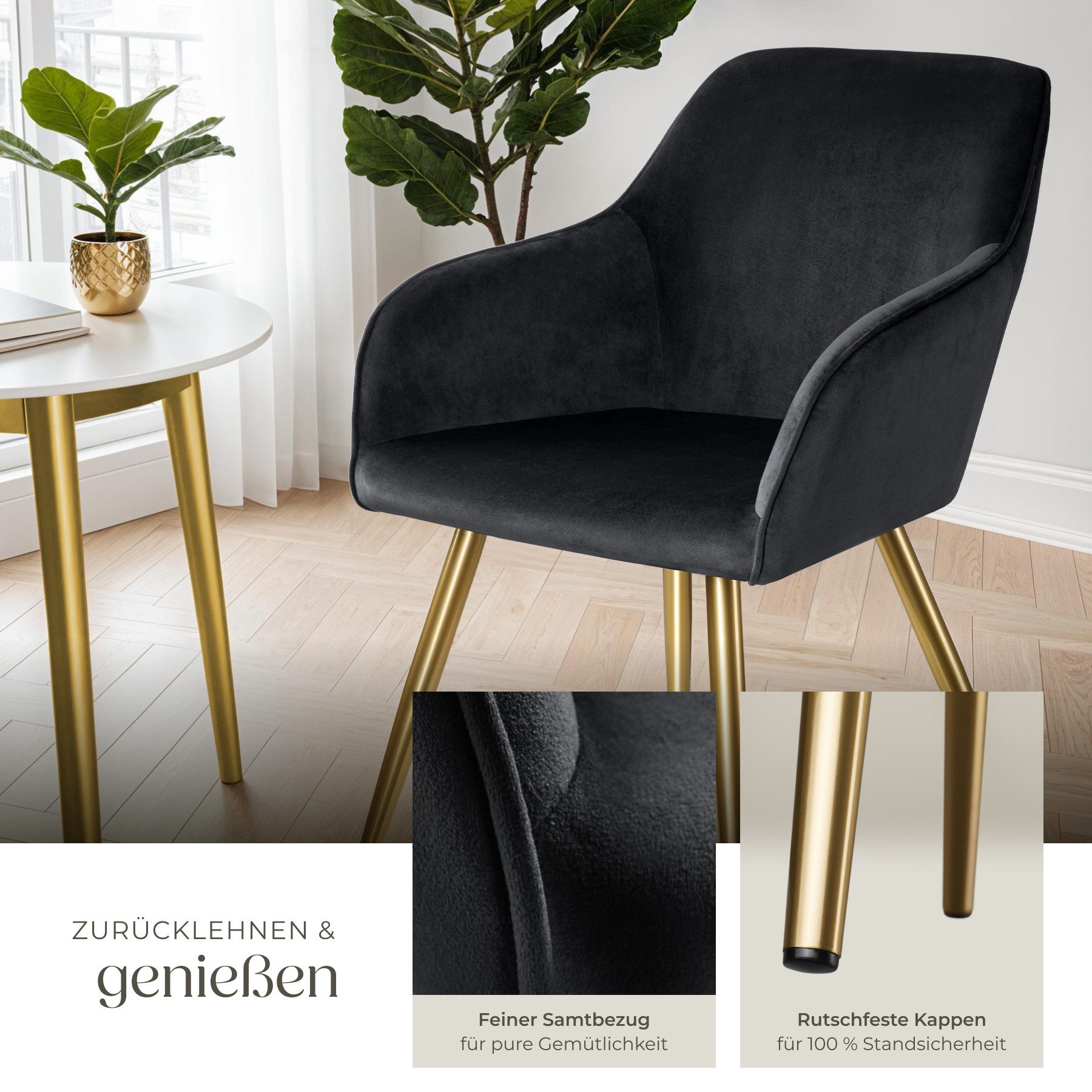 tectake Esszimmerstuhl Wohnzimmerstuhl gepolstert, in Samtoptik, 58 x 62 x 82 cm (Küchenstuhl Marilyn in schwarz/gold, 6 St), durchgehende Lehne, goldene Stahlb – Bild 4 von 5