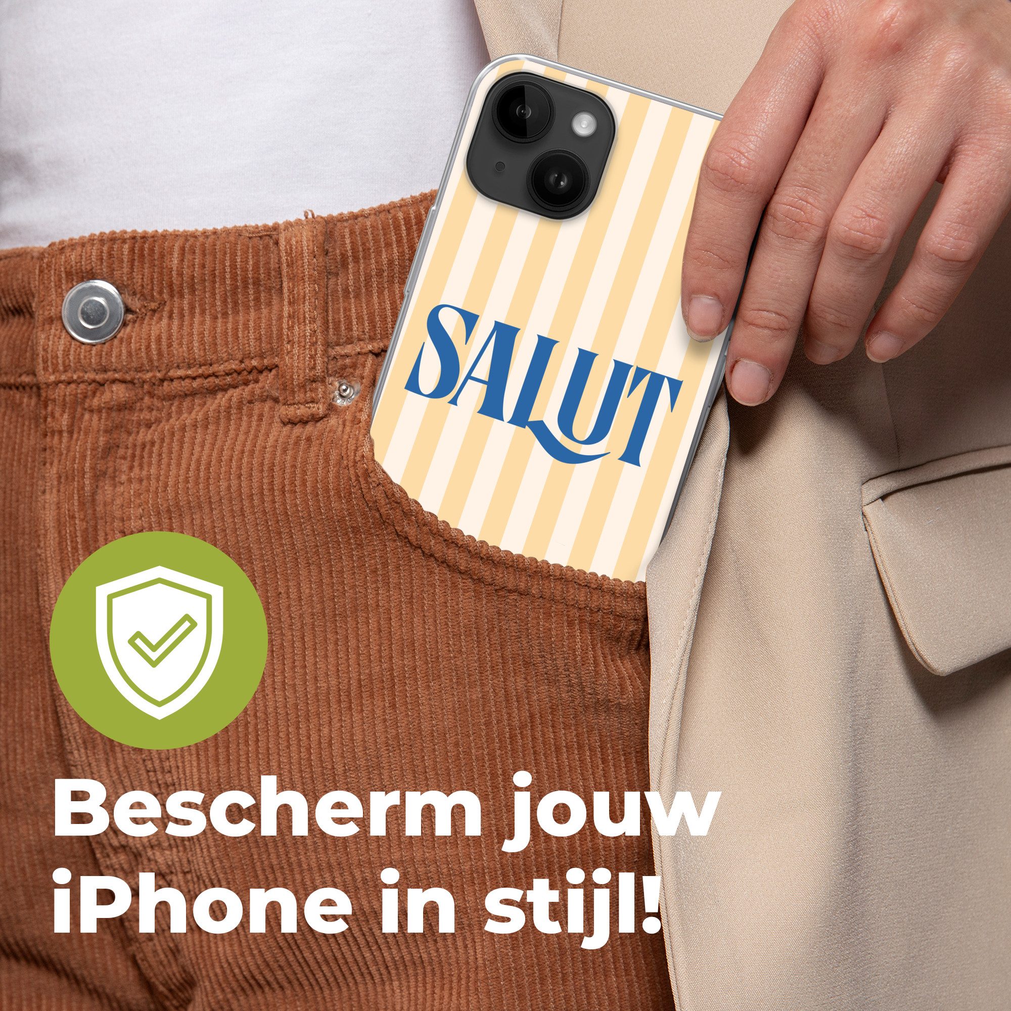 MuchoWow Handyhülle für Apple iPhone 14 Plus Salut - Zitat - Streifen - Gelb - Blau - Weiß, Smartphone-Bumper, Print, Handy Schutzhülle Dünn