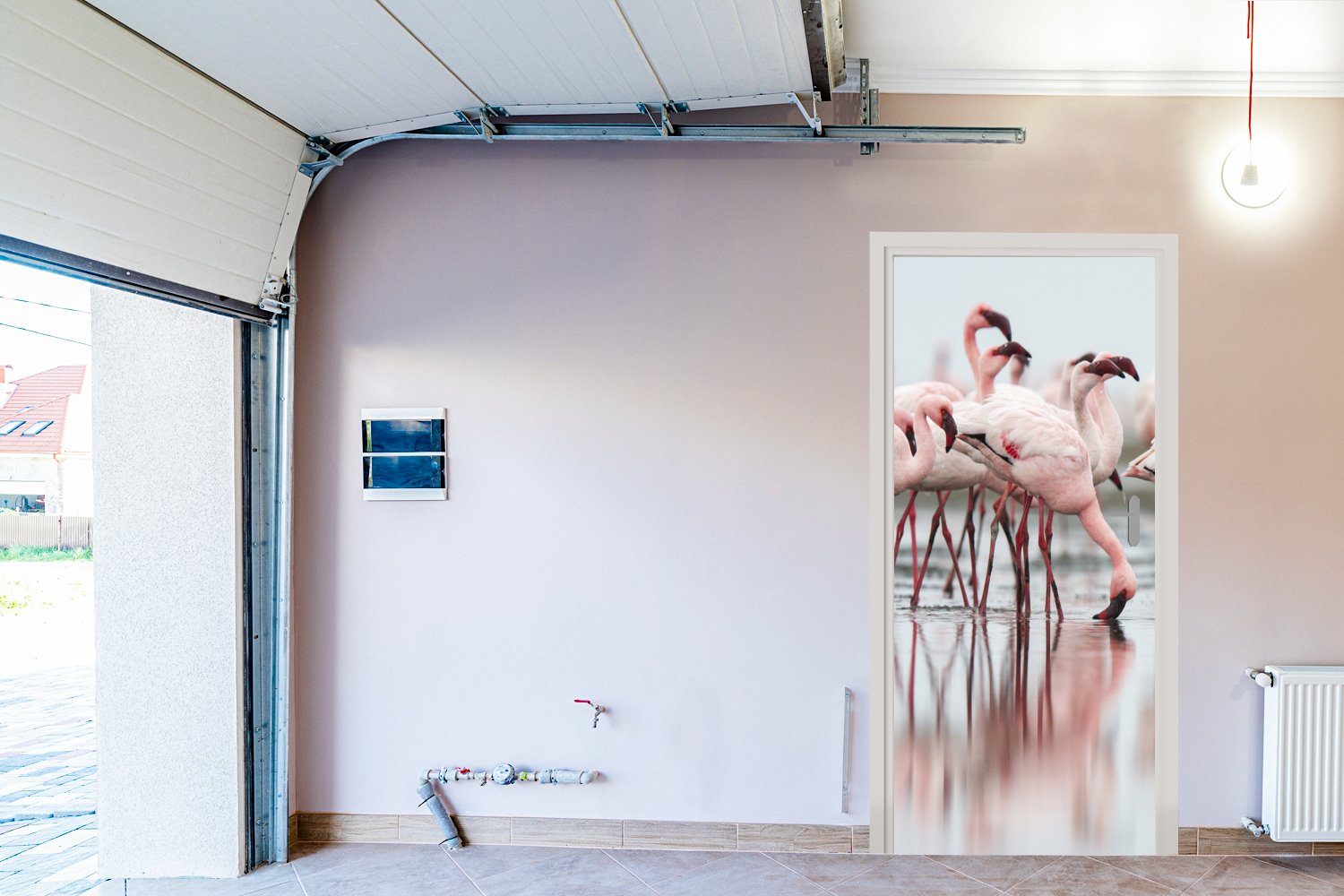 Eine cm 75x205 Tür, von Türtapete bedruckt, MuchoWow St), Gruppe Wasser, steht Fototapete Flamingos (1 im Matt, Türaufkleber, für blassrosa