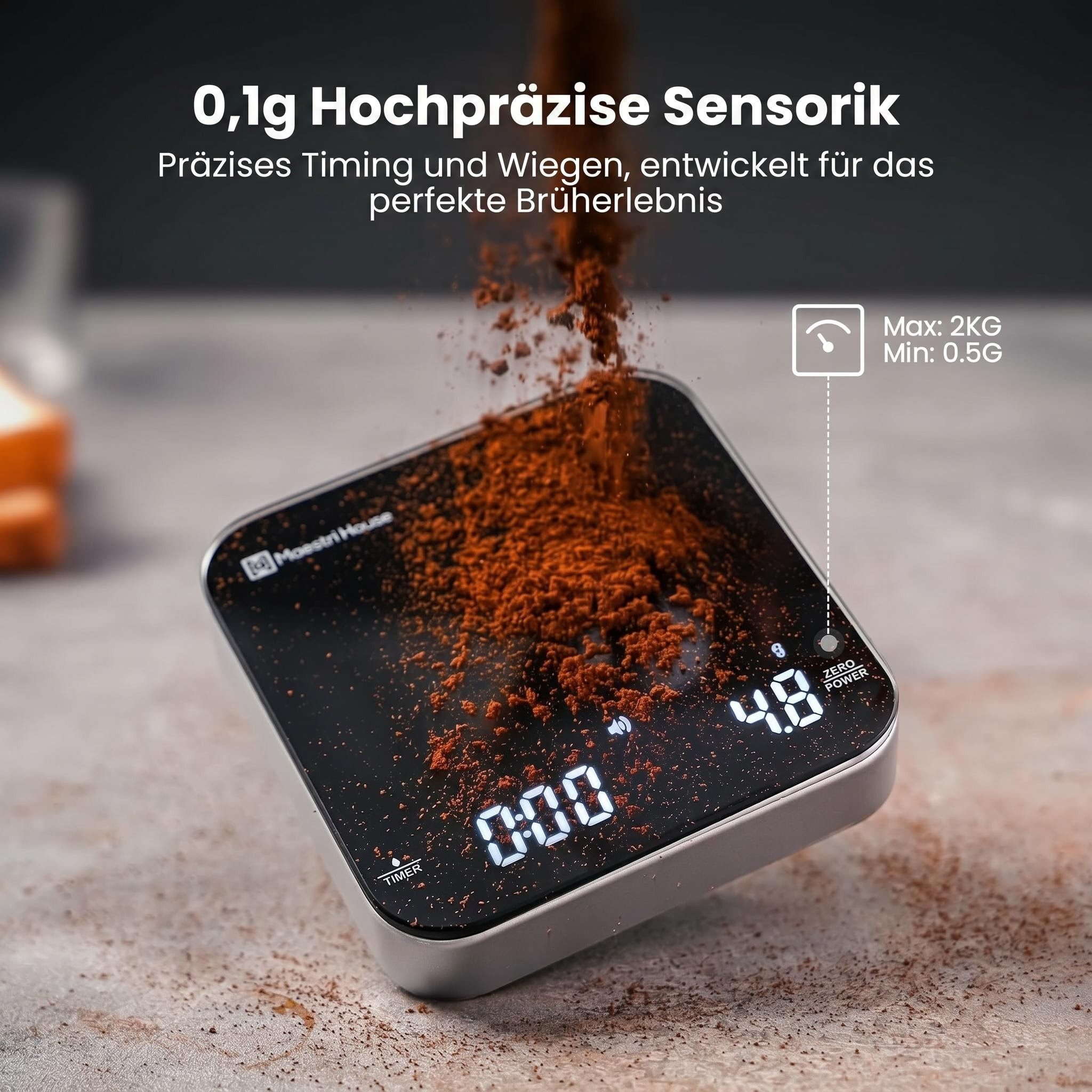 Maestri House Küchenwaage K112 Espressowaage mit Auto-Timer, 0,1 g / 2 kg, (1-tlg., Glasoberfläche für Espresso und Pour Over), Touch-Bedienung, USB-C, Tara, St – Bild 2 von 5