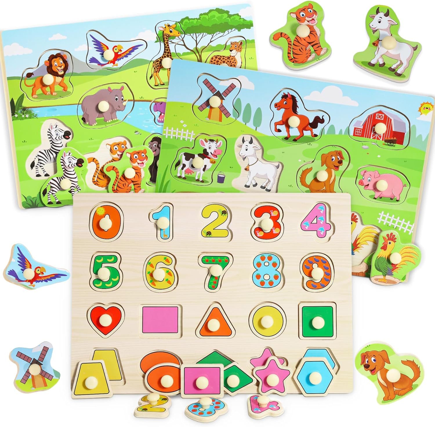 POPOLIC Lernspielzeug 3er-Set Holzpuzzle, Kleinkinder Spielzeug ab 2 3 Jahre (1-St., Montessori Spielzeug ab 1 Jahr, Puzzle ab 2), Holzspielzeug Kinderspielzeug Motorikspielzeug, Steckpuzzle Holz