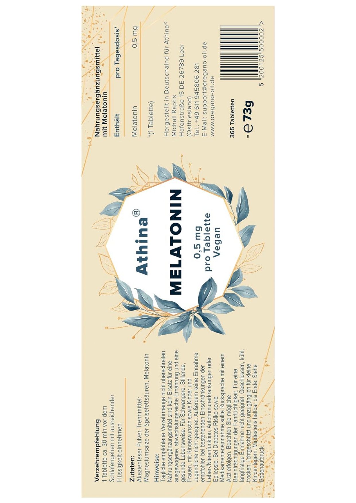 Athina Athina Melatonin – 365 Tabletten – 0,5mg Melatonin pro Tablette Kapseln, 70 g
