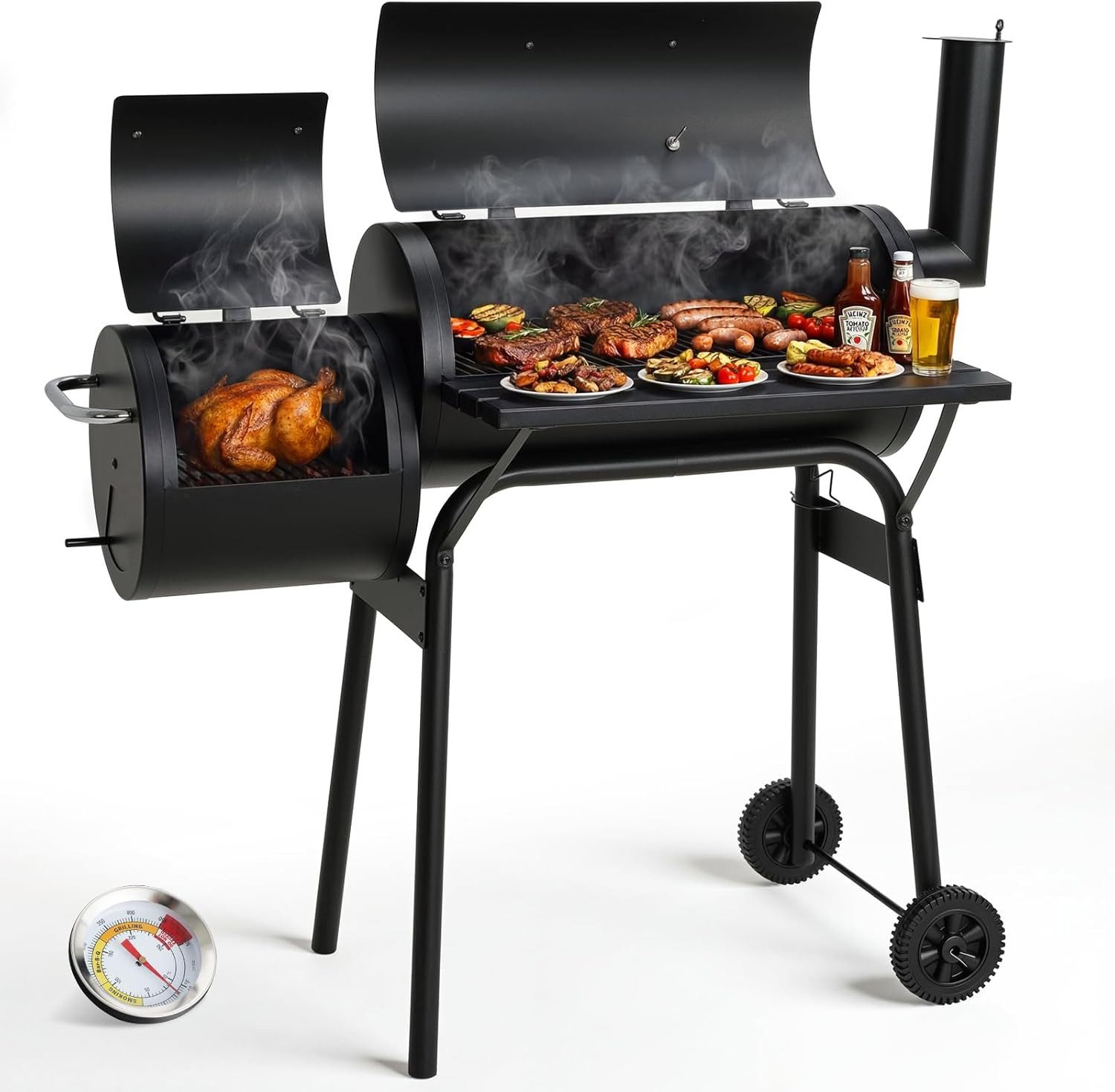 TLGREEN Holzkohlegrill BBQ Smoker Grill 2in1 Holzkohlegrill, Barrel Grill mit Schornstein, Thermometer, Lüftung, Grillablage, 2Rädern, Rauchgrill für Garten, Terrasse, Camping, Grillparty für 4–6 Personen