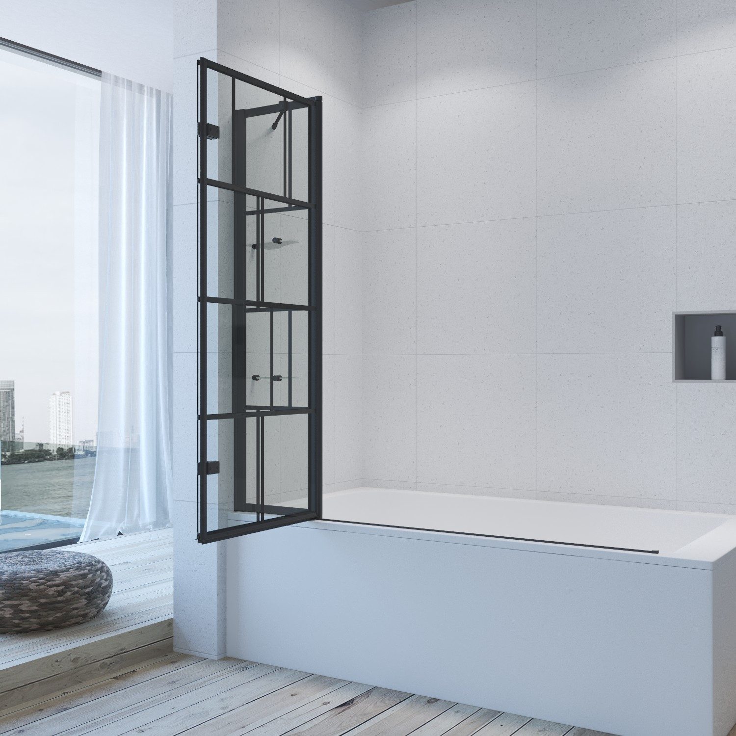 AQUALAVOS Badewannenfaltwand Duschabtrennung Badewannenaufsatz Falttür Glas Duschwand für Badewanne, 5 mm Einscheiben-Sicherheitsglas (ESG) mit Nano einfach-Reinigung Beschichtung, BxH: 150x140 cm, Faltbar und schwenkbar 180°, mit Acryl- Duschablage