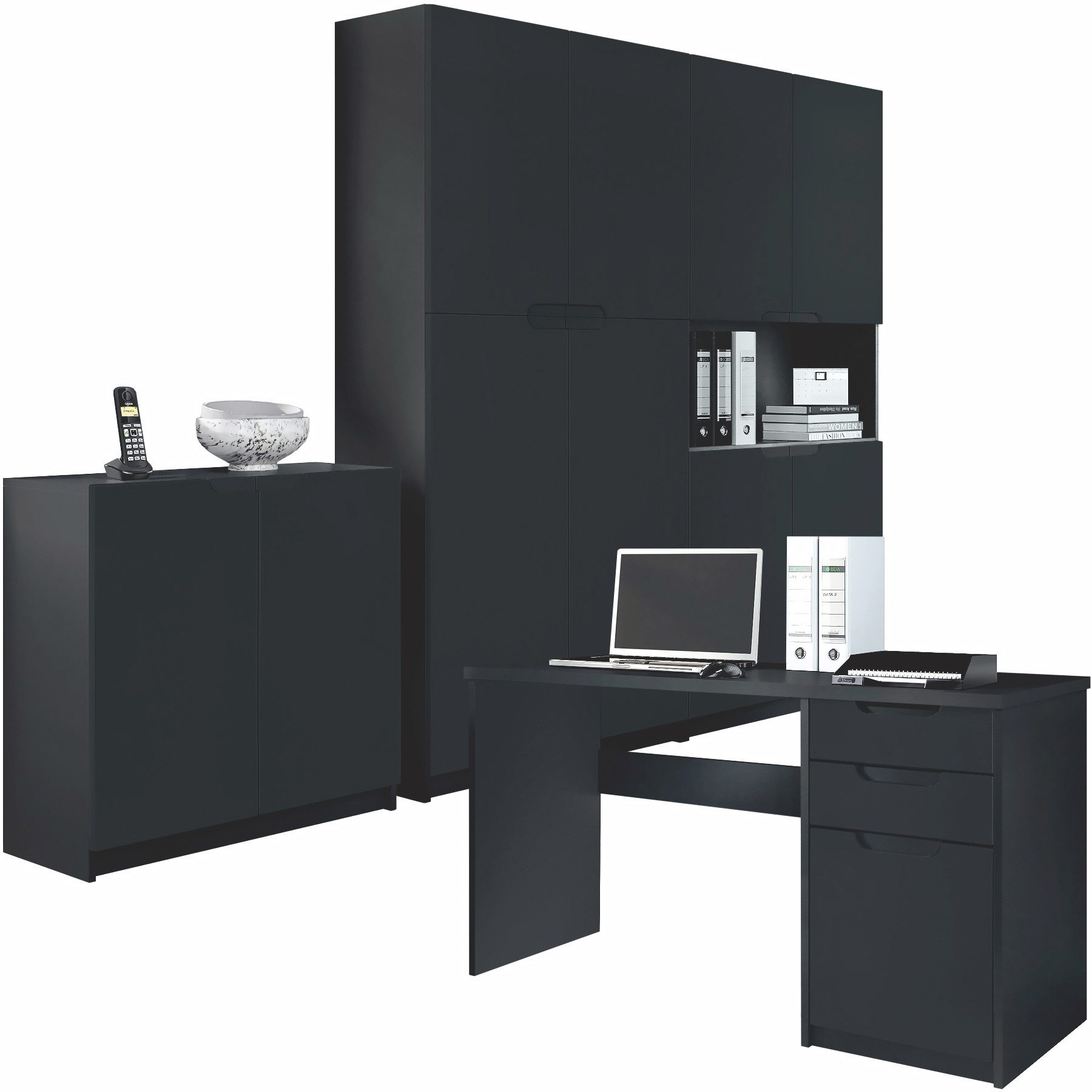 Vladon Aktenschrank Logan (Büromöbel-Set, mit 1 Schreibtisch, 2 Schränken und 1 Kommode) Schwarz matt/Schwarz matt (246 x 60 x 185 cm)