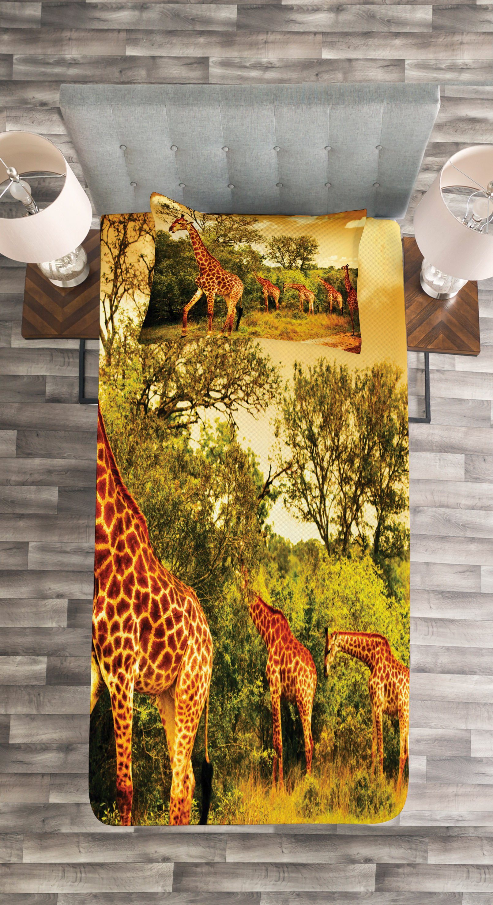 Tagesdecke Waschbar, mit Set Giraffe Abakuhaus, Afrikanische Safaritiere Kissenbezügen