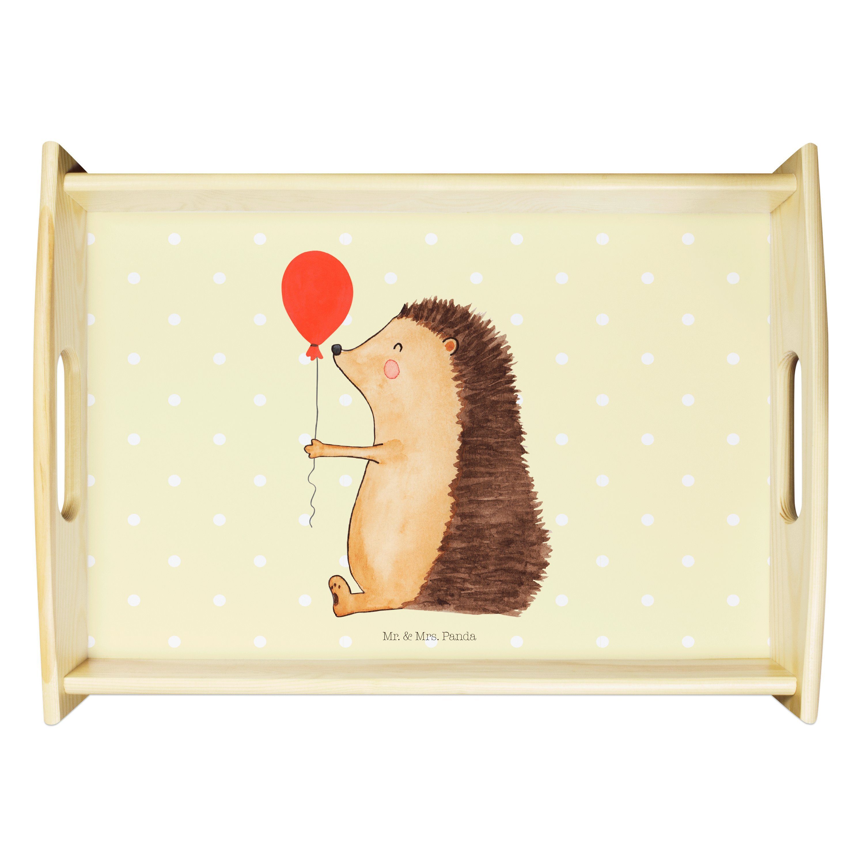 - Mrs. Mr. Tablett, Tablett Echtholz lasiert, - Igel Panda (1-tlg) Geschenk, & Dekotablett, Pastell mit Gelb Luftballon
