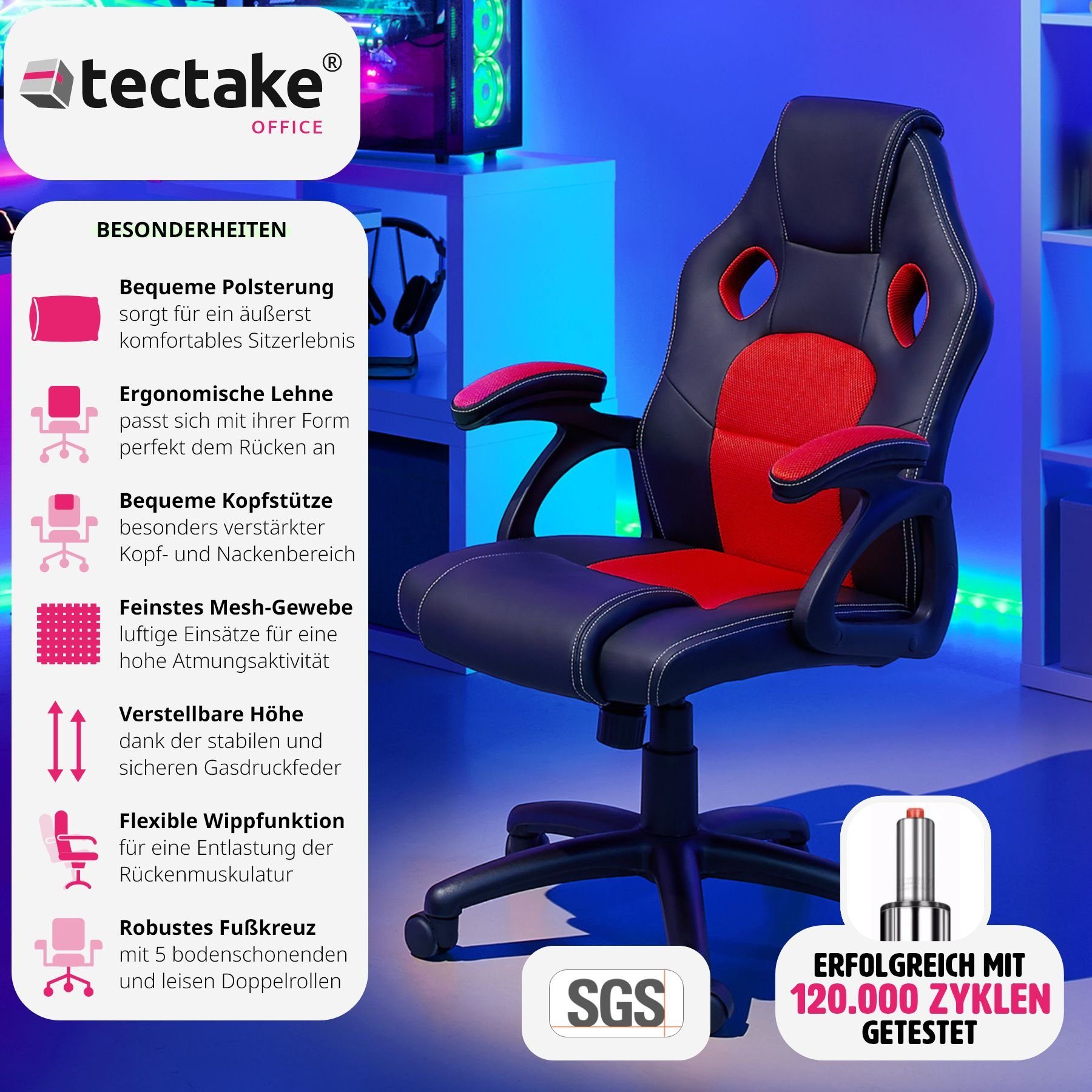 tectake Gaming-Stuhl Mike (1er, Wippmechanik einstellbare schwarz/rot St), 1