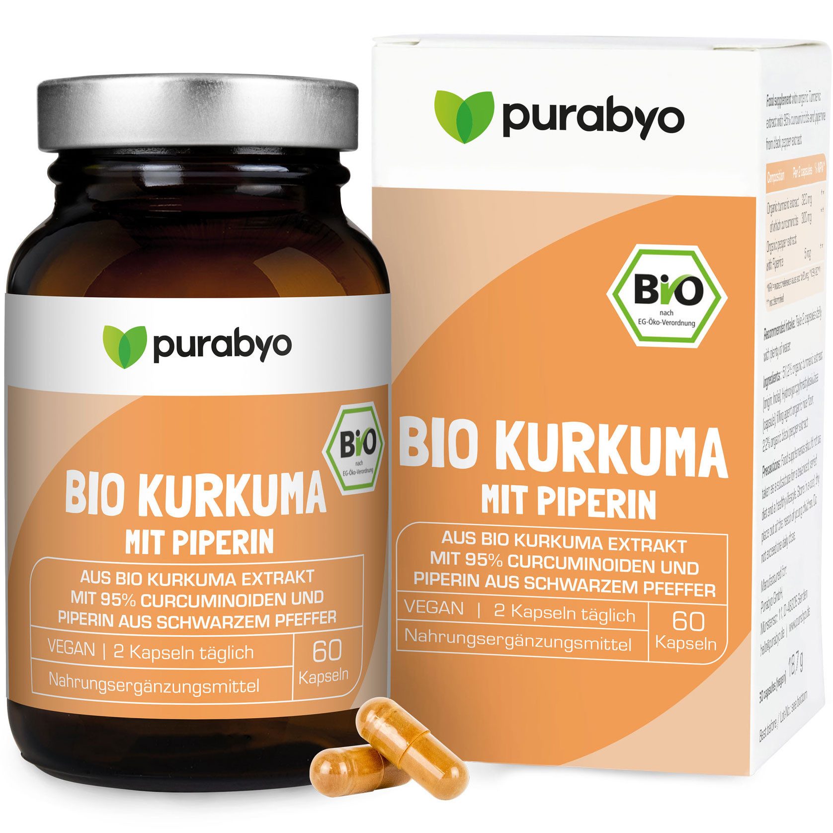 Purabyo BIO Kurkuma Extrakt Kapseln, hochdosiert, mit Bio Pfeffer, im Glas Kapseln, 60 er 60 St., 18.7 g