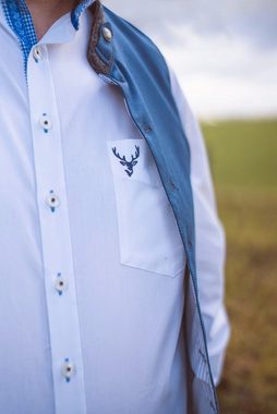 Moschen-Bayern Trachtenhemd Trachtenhemd Herren SLIM FIT Stehkragen Wiesn-Hemd Hirsch Stickerei Herrenhemd Langarm Weiß-Blau