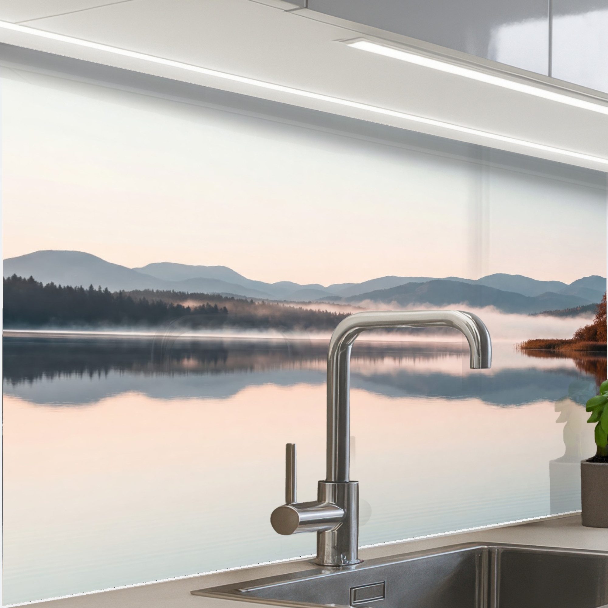KitchenYeah Küchenrückwand Muster selbstklebend (keine Folie) Wasser - Bäume - Nebelschicht, (1-tlg), Spritzschutz, Küche, Rückwand, Küchenwand, Küchenfront, 30x20 cm