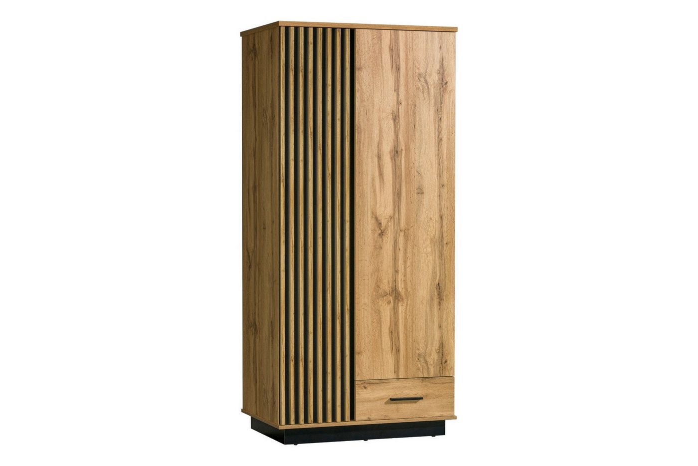 Deine Möbel 24 Kleiderschrank LAMI 1 90 cm breit, in Wotan Eiche / Schwarz Matt und Lamellen (LAMI - Kollektion, 1-St., Perfekt geeignet für Schlafzimmer, Jugendzimmer oder Gästezimmer) Moderner Drehtürenschrank mit 2 Türen und 1 Schublade