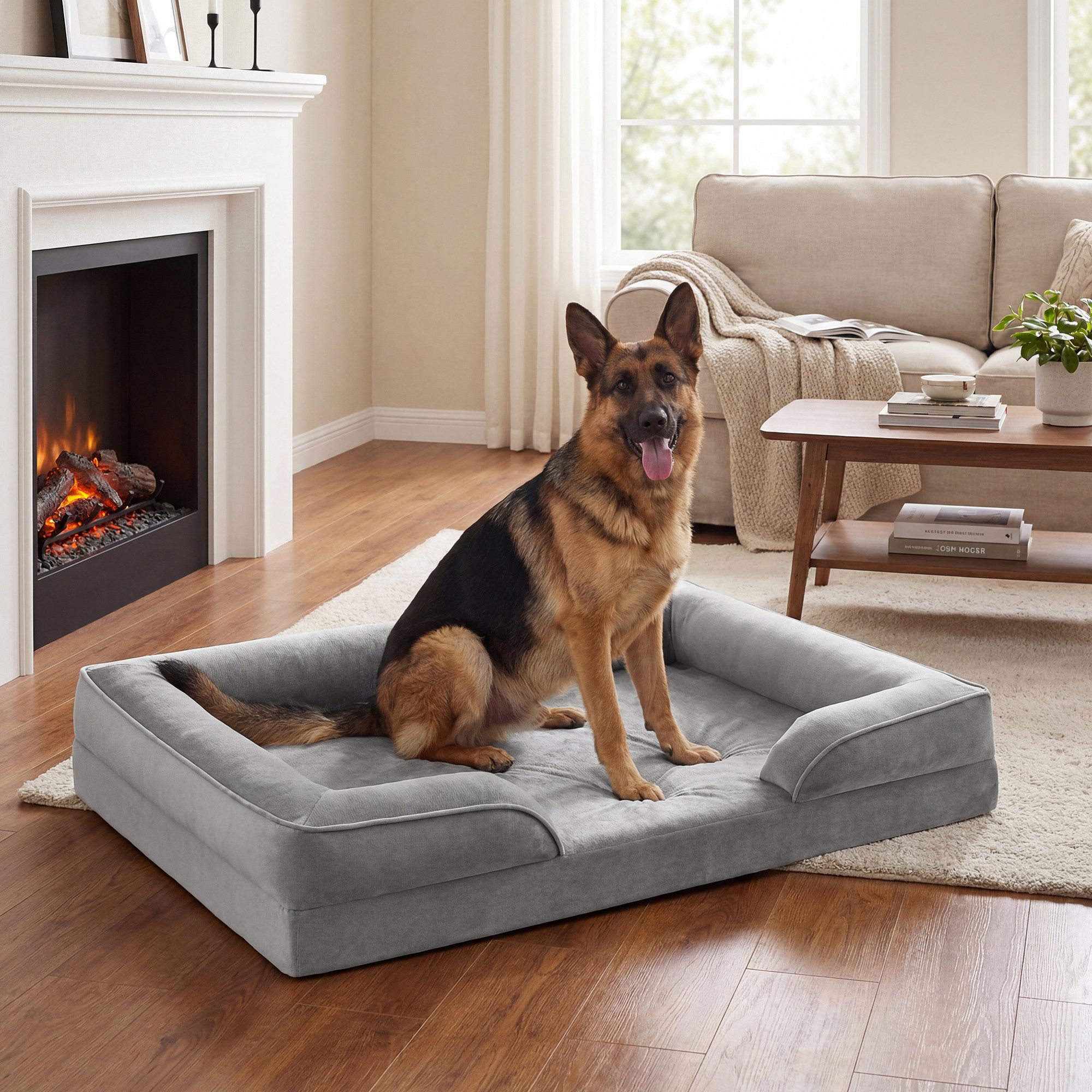FEANDREA Tierbett Bezug abnehmbar, waschbar, rutschfest, Innenfutter wasserabweisend, Hundebett, erhöhter Rand, Noppenschaumstoff, XXL, 122 x 85 x 17 cm