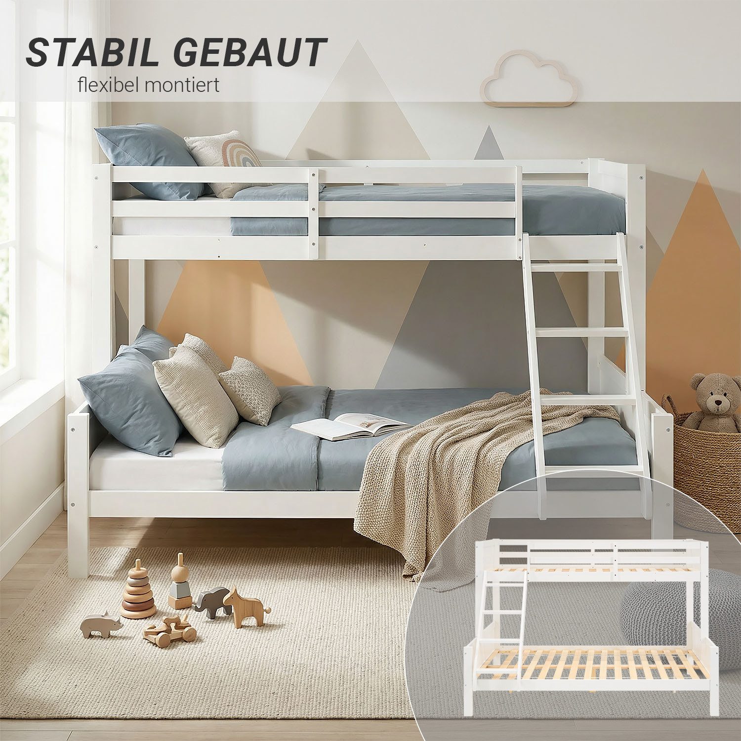 Homestyle4u Etagenbett 90x200 140x200 Weiß Grau Geschwister Lattenrost Kinderzimmer Hochbett (Komplett-Set mit 2x Lattenrost, 2 Matratzen mit OEKO-TEX® Standard 100), Weiß, Stockbett, 2 Liegeflächen, mit Rausfallschutz