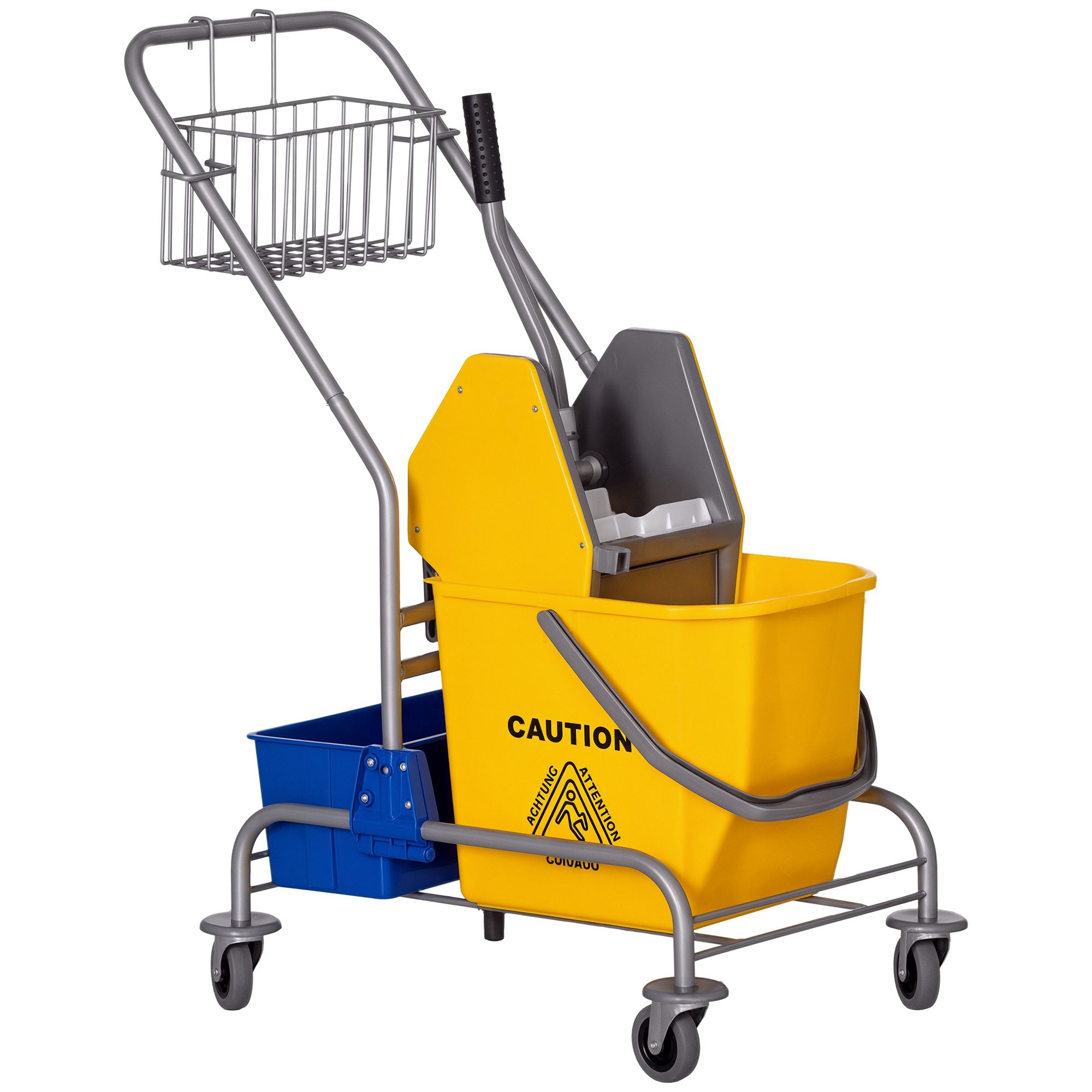 HOMCOM Putzwagen Fahreimer, Putzeimer, Wischwagen mit Haken für Mopp Gelb, (Set, 1-St., Reinigungswagen mit Eimer und Korb), 25L Eimer, Auswringvorrichtung, 4 Rollen