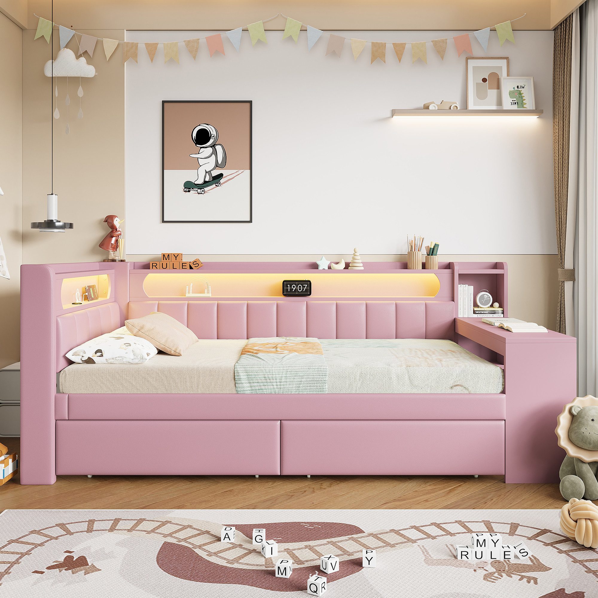 Flieks Daybett, Polsterbett 90x200cm mit 2 Schubladen, USB, LED und Schreibtisch