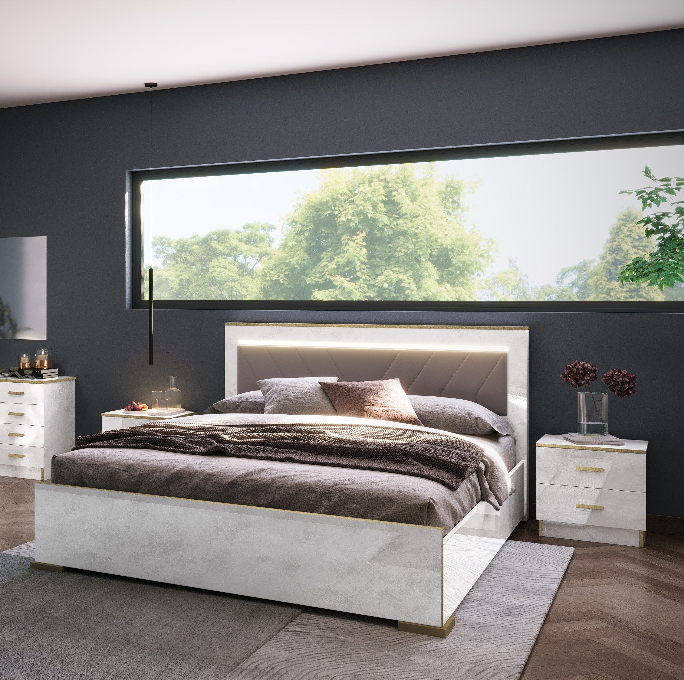 Interdesign24 Bett Noemi (160 x 200 cm, in Beige/Gold Hochglanz), Made in Italy