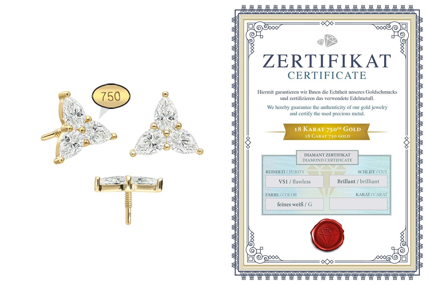 PIERCINGLINE Piercing-Set 18 Karat Gold Schraubaufsatz mit Außengewinde DIAMANT-BLUME (Schraub-Aufsätze, 1-tlg)