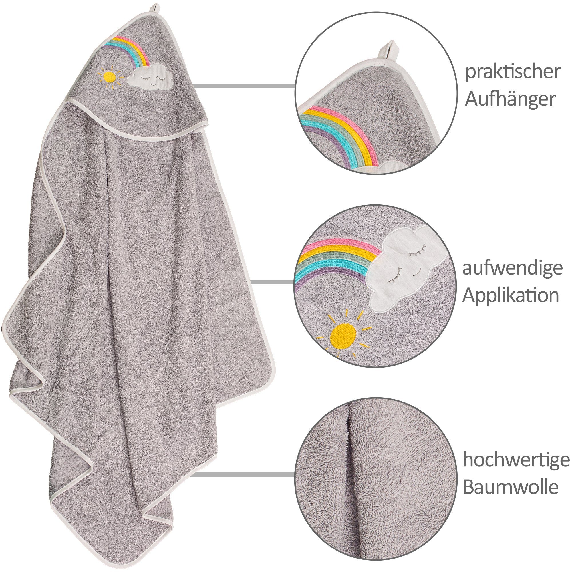 Regenbogen/Wolke, Frottee, 3-tlg. Set (Spar-Set, und 3-tlg), Lätzchen Set aus Waschlappen Kapuzenhandtuch, Handtuch Smithy mit