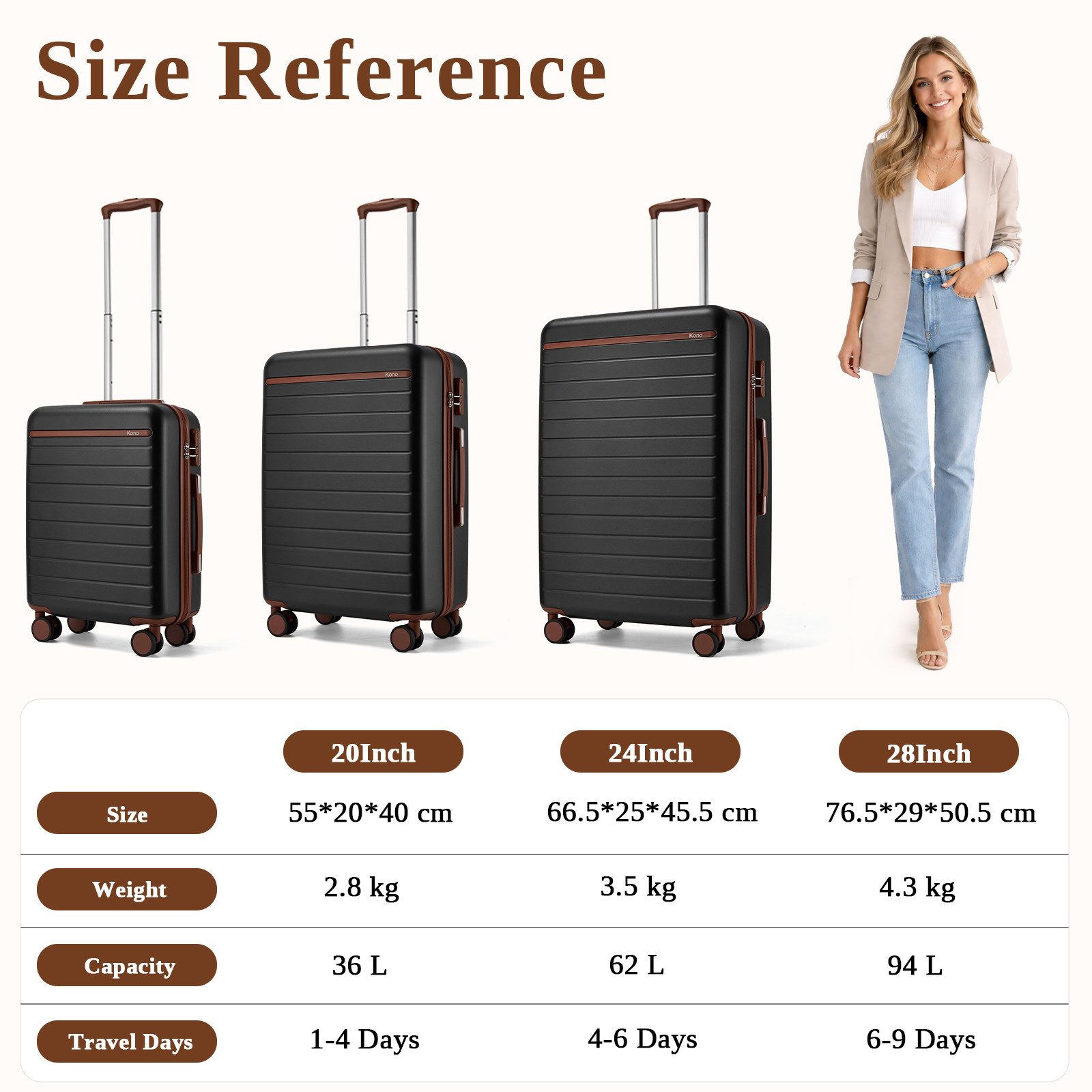 KONO Handgepäckkoffer Hartschalen Koffer mit integriertem Zahlenschloss