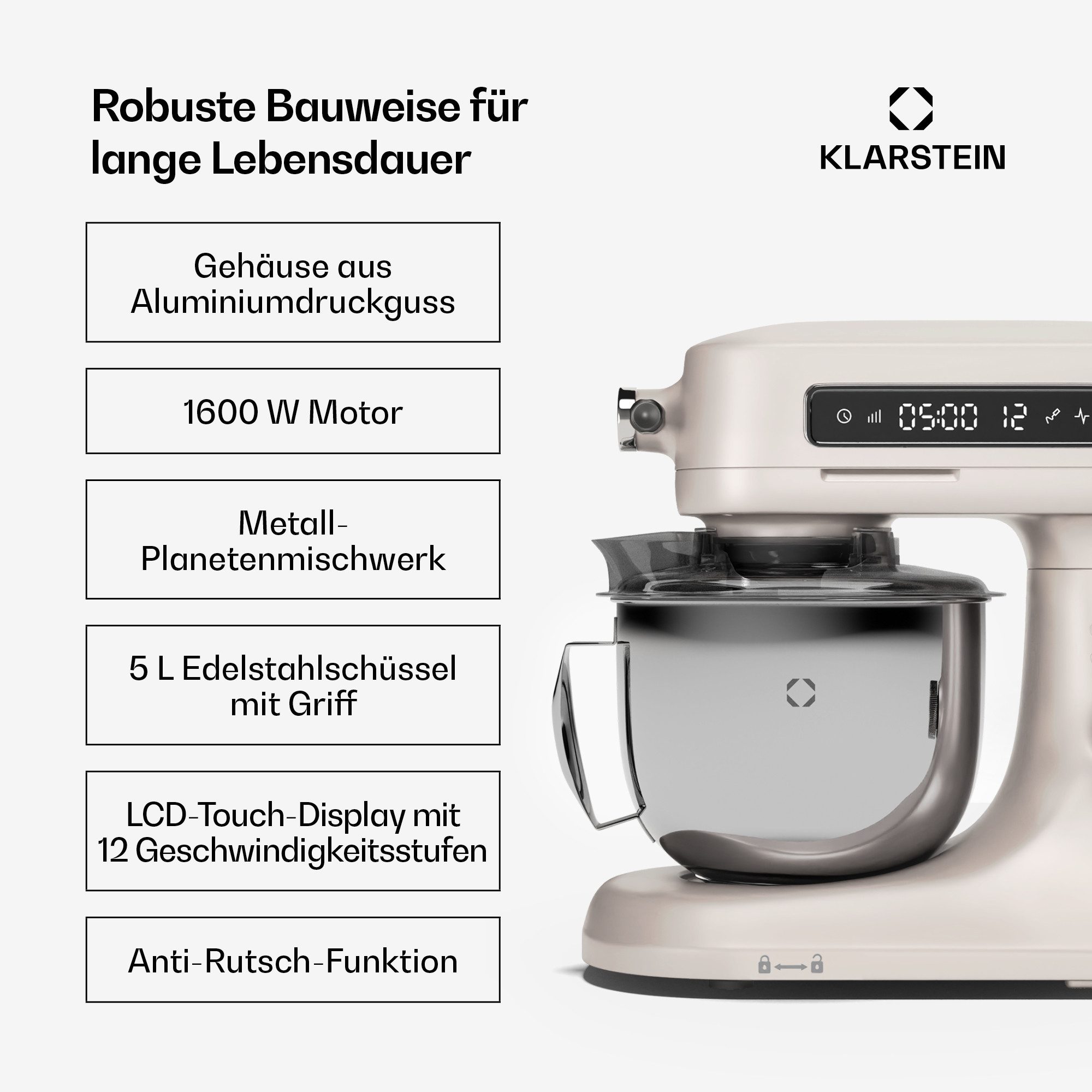 Klarstein Küchenmaschine mit Kochfunktion, 1600 W, 5 l Schüssel, Knethaken Rührbesen Schneebesen 5 L LCD Touch