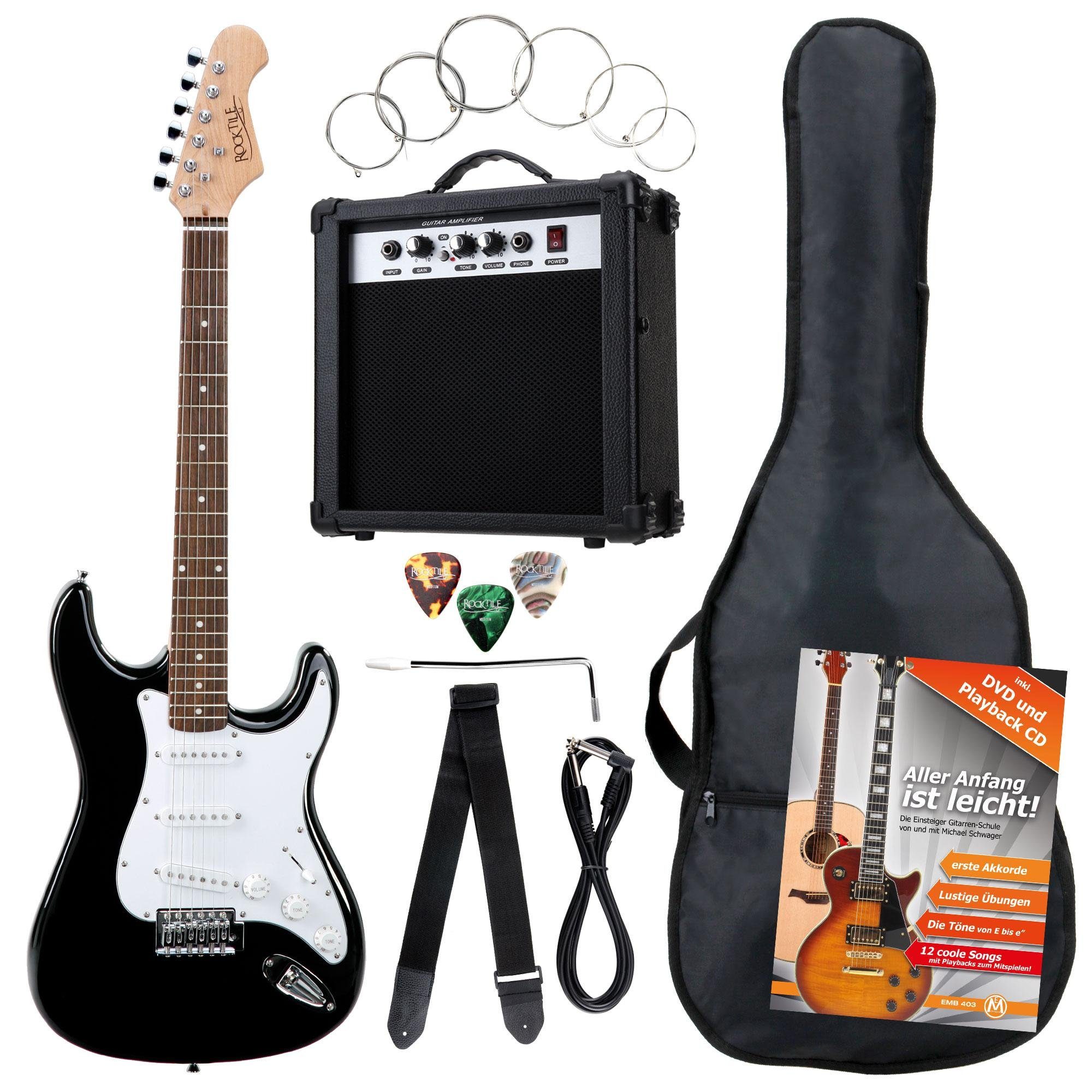 Rocktile E-Gitarre Banger's Pack elektrische Gitarre Komplettset, Banger's Set, inkl. Verstärker, Tasche, Kabel, Gurt, Schule, inkl. Verstärker, Tasche, Kabel, Gurt, Schule