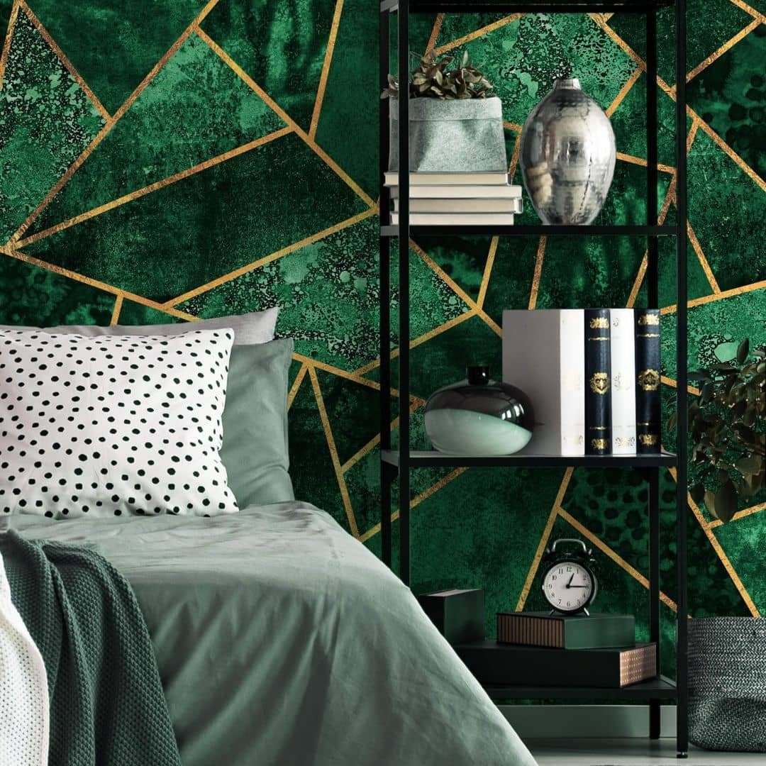 K&L Wall Art Fototapete Große Vliestapete XXL Art Deco Gold Grün Smaragd Natur Pflanze, Wohnzimmer Wandschutz