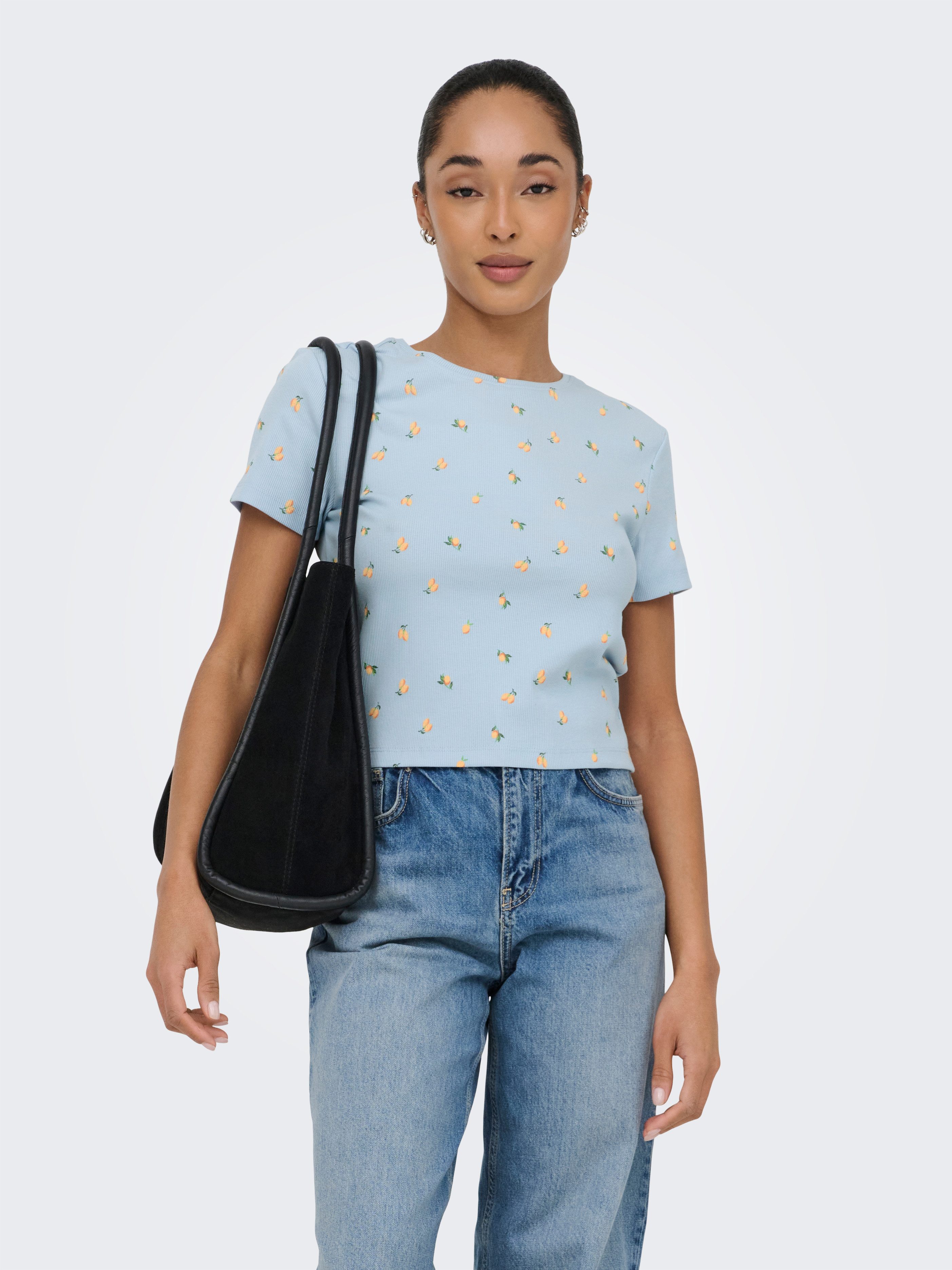 ONLY Kurzarmshirt ONLFENJA LIFE SS AOP TOP JRS NOOS Baumwollmischung, Cropped Fit, Rundhals