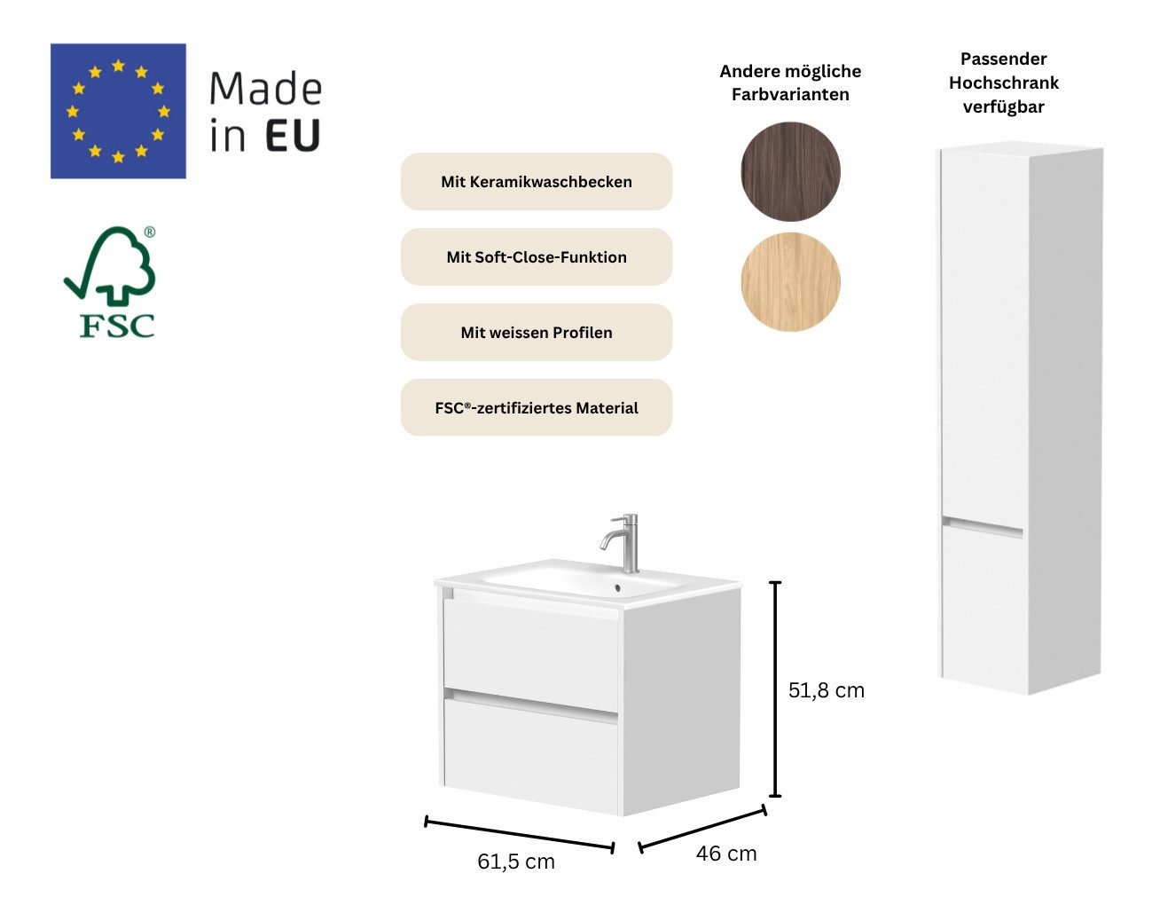 welltime Waschtisch City, Badmöbel, Badkommode, Badschrank, in verschiedenen Breiten (B/T/H: 81,5/46/51,5 cm), mit Soft-Close-Funktion, inklusive Waschbecken, FSC® zertifiziert