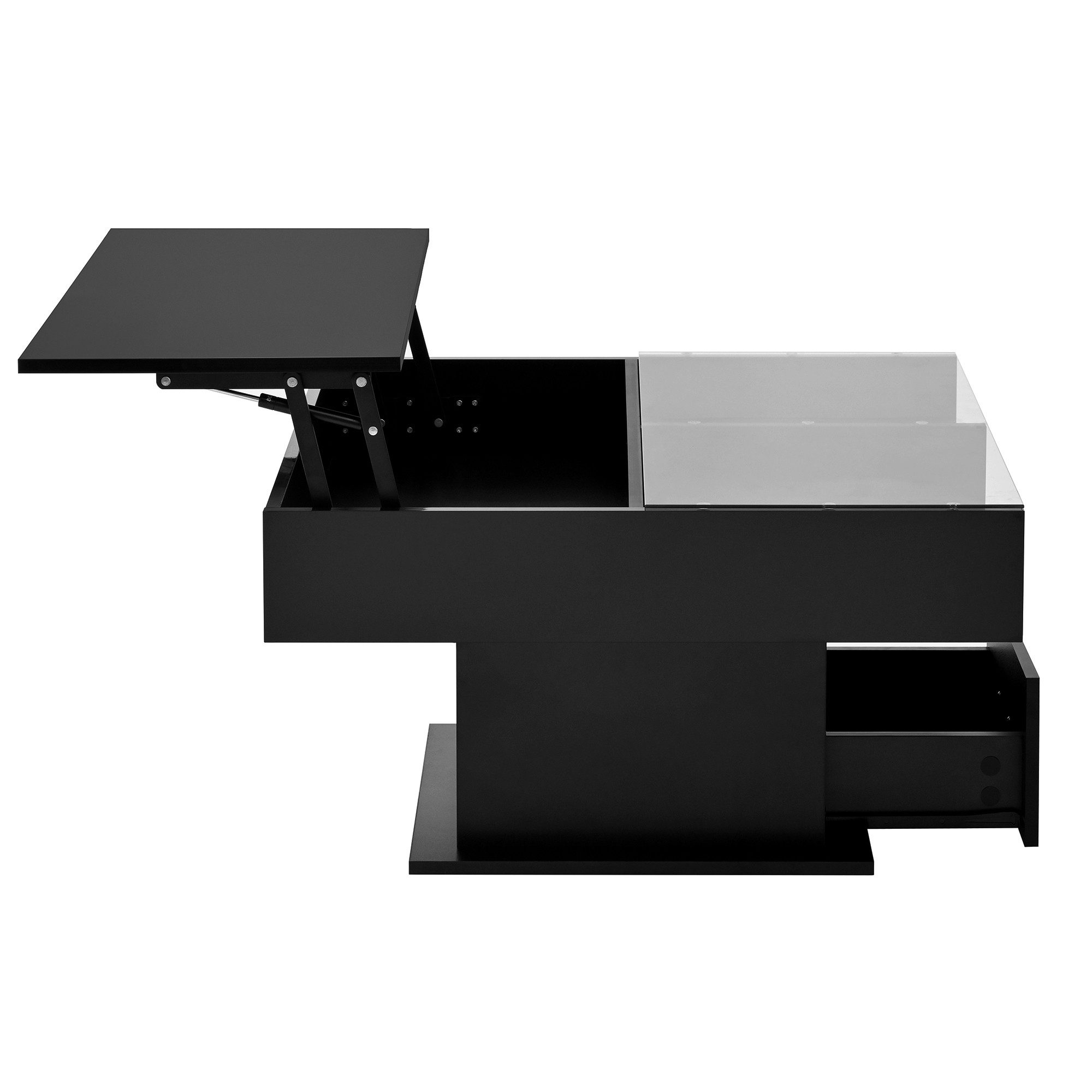 KLAM HOME Couchtisch Multifunktionaler Hochglanz-Lift-Couchtisch mit LED-Beleuchtung (verstellbarer Höhe & flexiblem Stauraum), modernes Design für Wohnzimmer,  – Bild 2 von 5