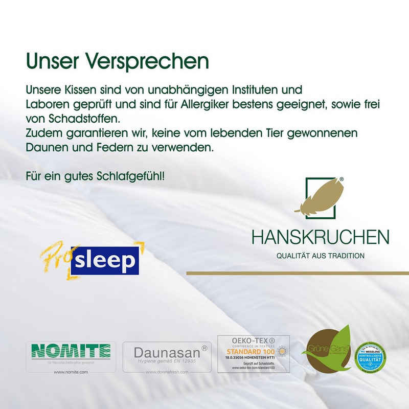 Daunenkissen Pro Sleep, HANSKRUCHEN, Füllung: 100% Federn, Bezug: 100% Baumwolle, Sleep 40x80 cm, hergestellt in Deutschland, allergikerfreundlich