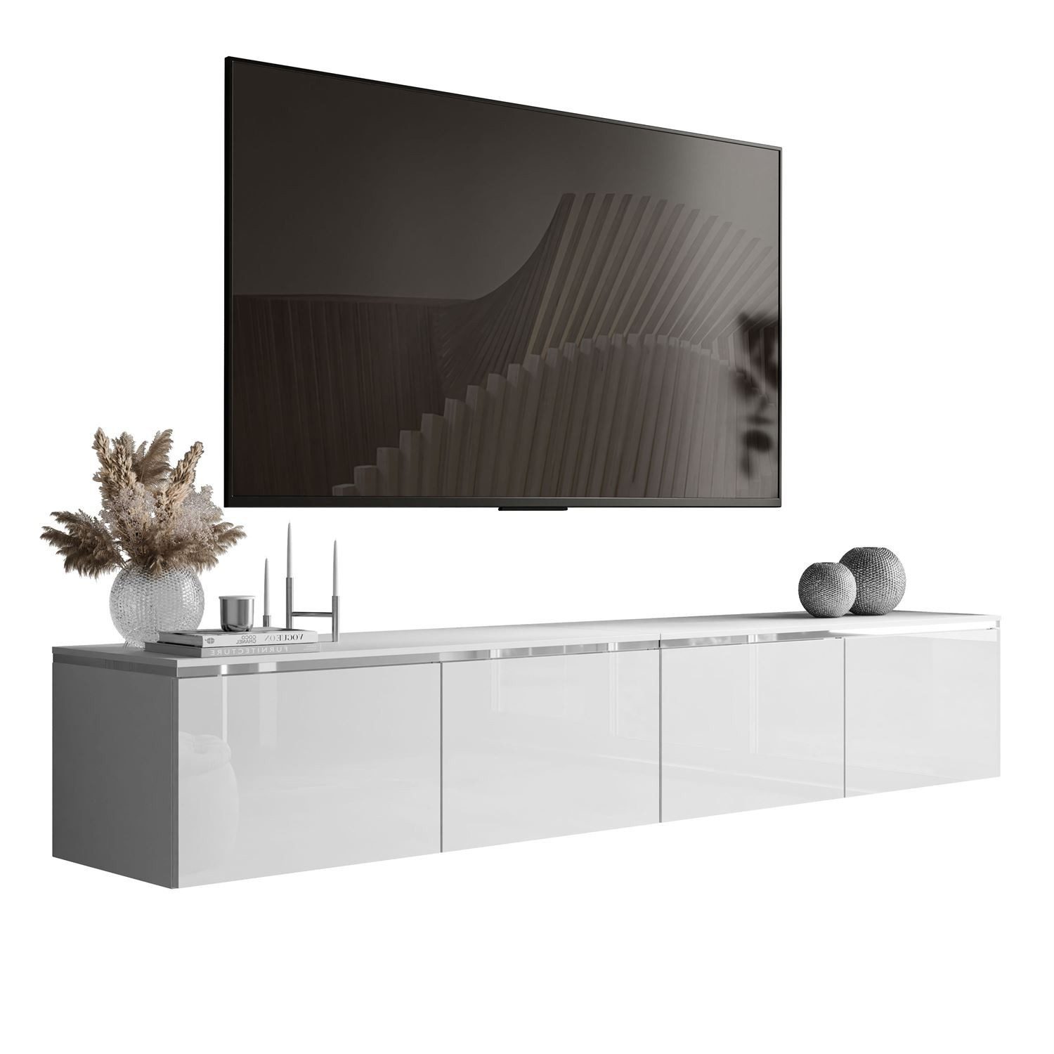 ALLHOUSE24 TV-Schrank NELLY SILBER Hängendes TV Lowboard weiß Glanz mit LED günstig online kaufen