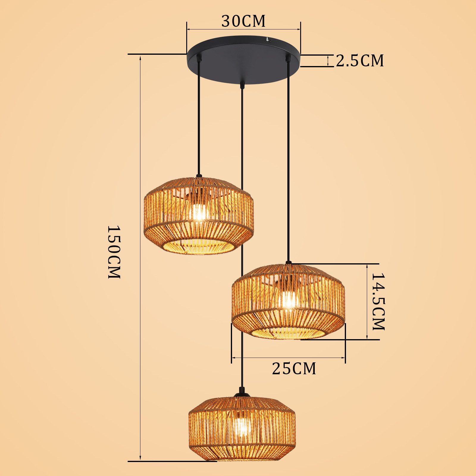 ZMH Pendelleuchte E27 3 Flammige Vintage Hängelampe Boho Papiergarn Deckenlamp, ohne Leuchtmittel
