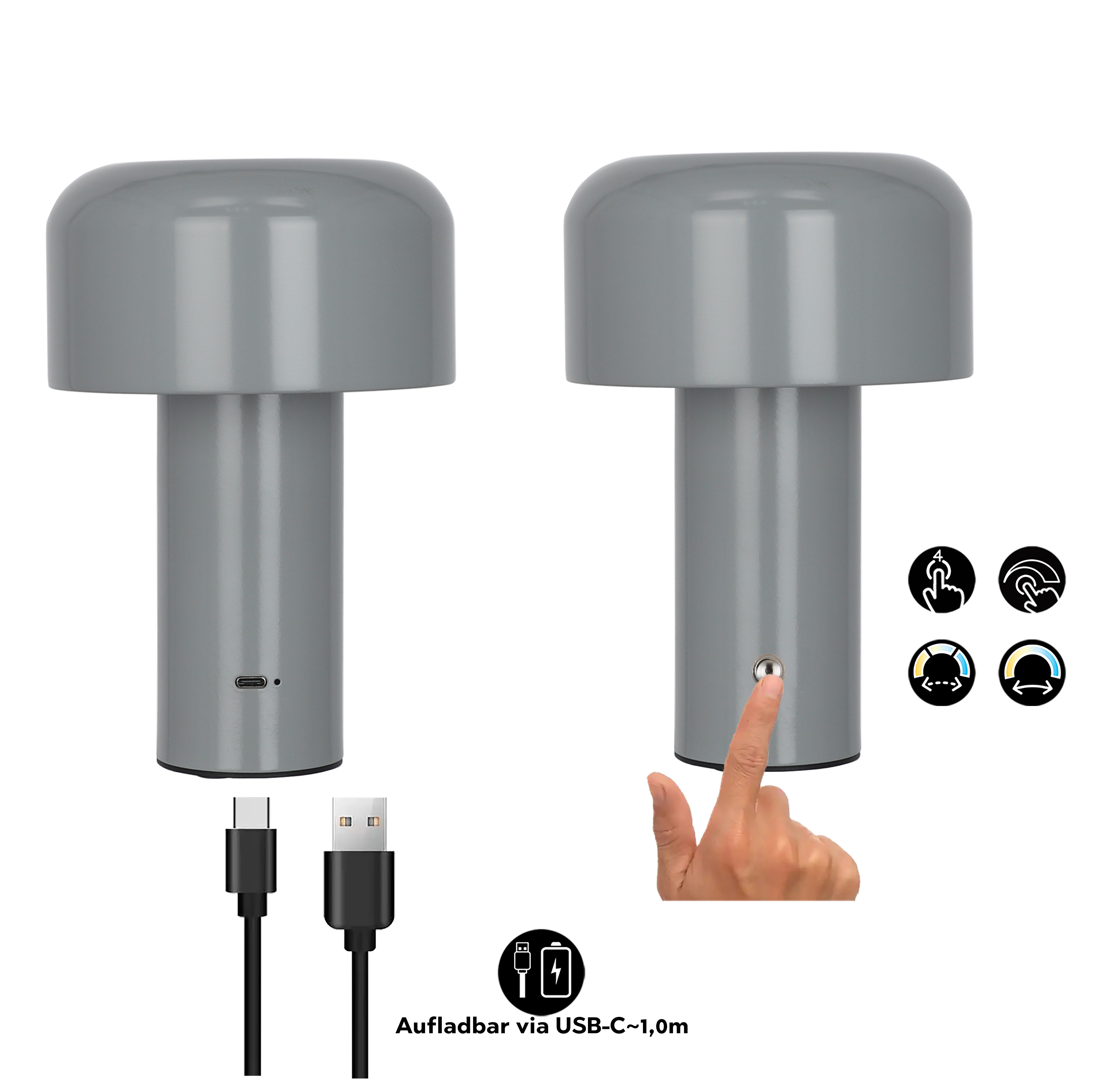 OTTO home LED Tischleuchte Ronno, Dimmer, Dimmfunktion, Ein-/Ausschalter, Farbsteuerung, USB-Ladefunktion, mehrere Helligkeitsstufen, LED fest integriert, warmweiß - kaltweiß, USB-C, Akku, Typ-C-Ladekabel, CCT, Tischlampe kabellos, Akkulampe