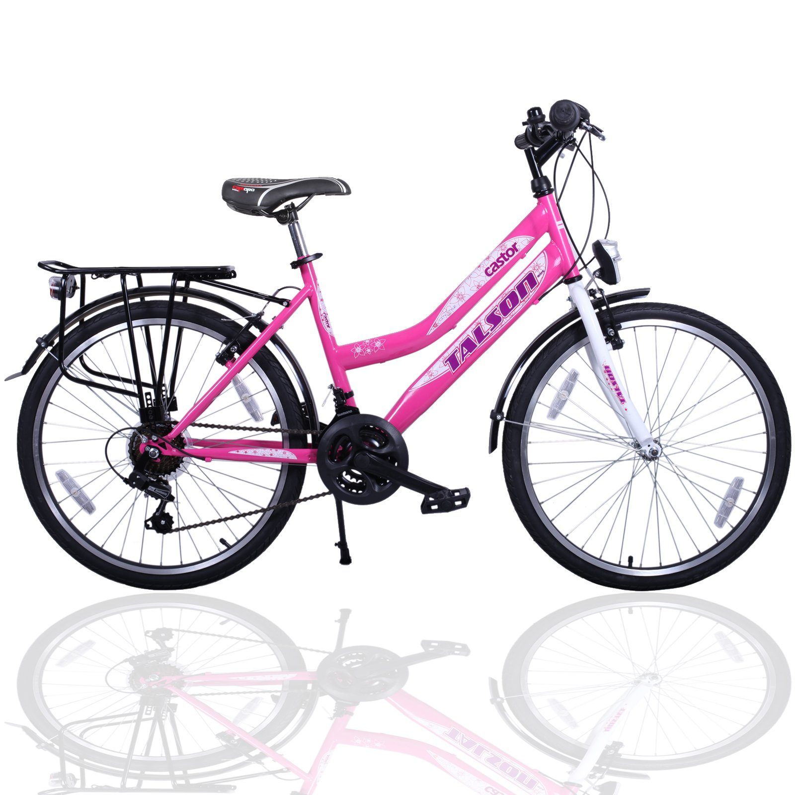 Talson Cityrad 26 Zoll Cityrad, 21 Gang Shimano, Kettenschaltung, mit Beleuchtung nach StVZO und Gepäckträger Rosa