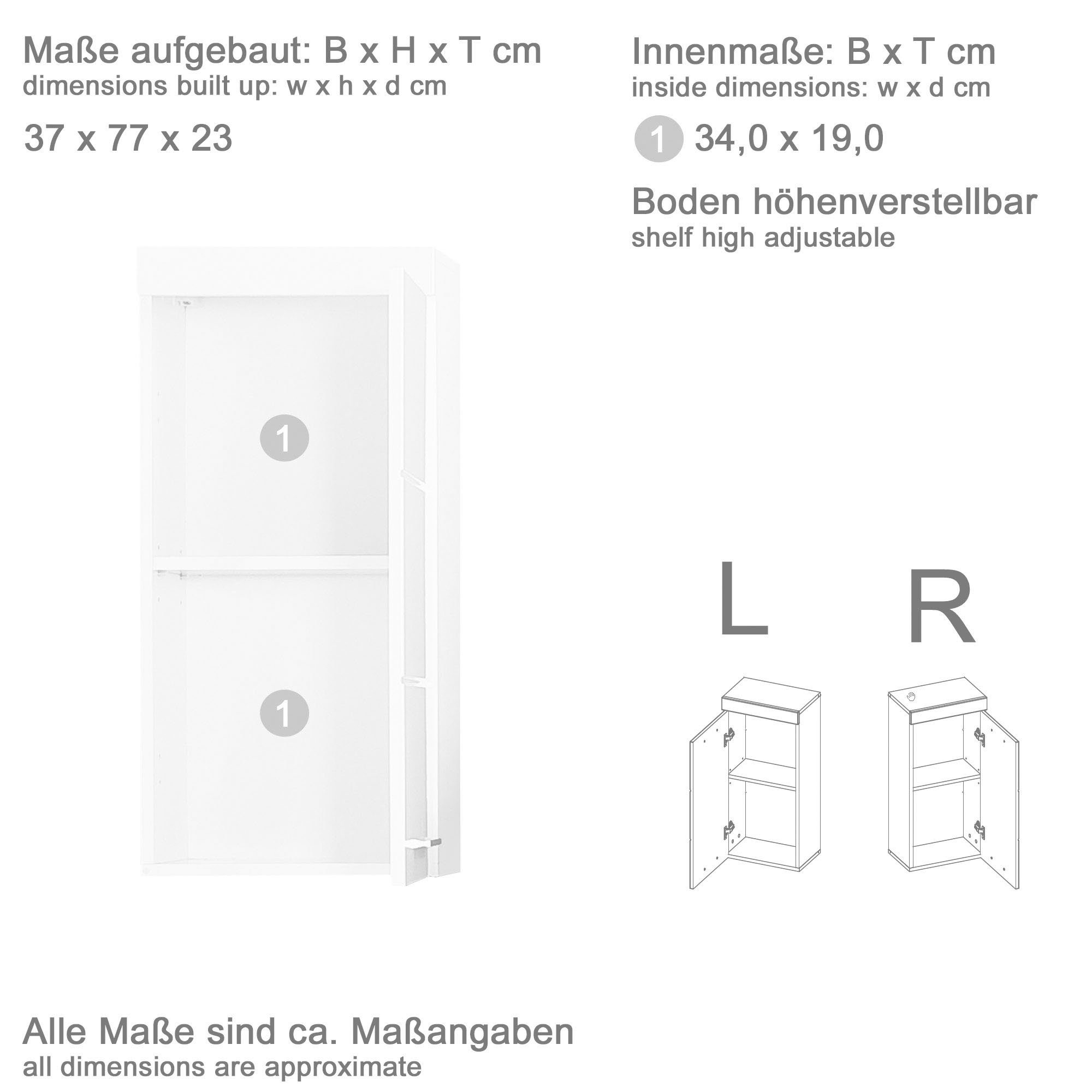 INOSIGN Hängeschrank Avena Breite 37 mit Badezimmerschrank Hochglanz matt Türanschlag weiß/weiß wechselbarem | cm, weiß