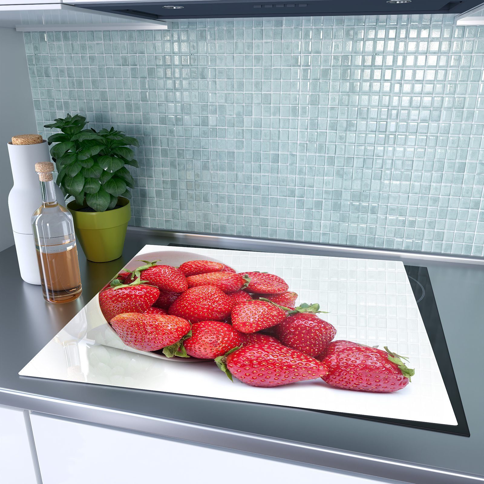 aus Glas, Primedeco Schüssel, Spritzschutz Erdbeeren tlg) in Herd-Abdeckplatte (1 Herdabdeckplatte Glas