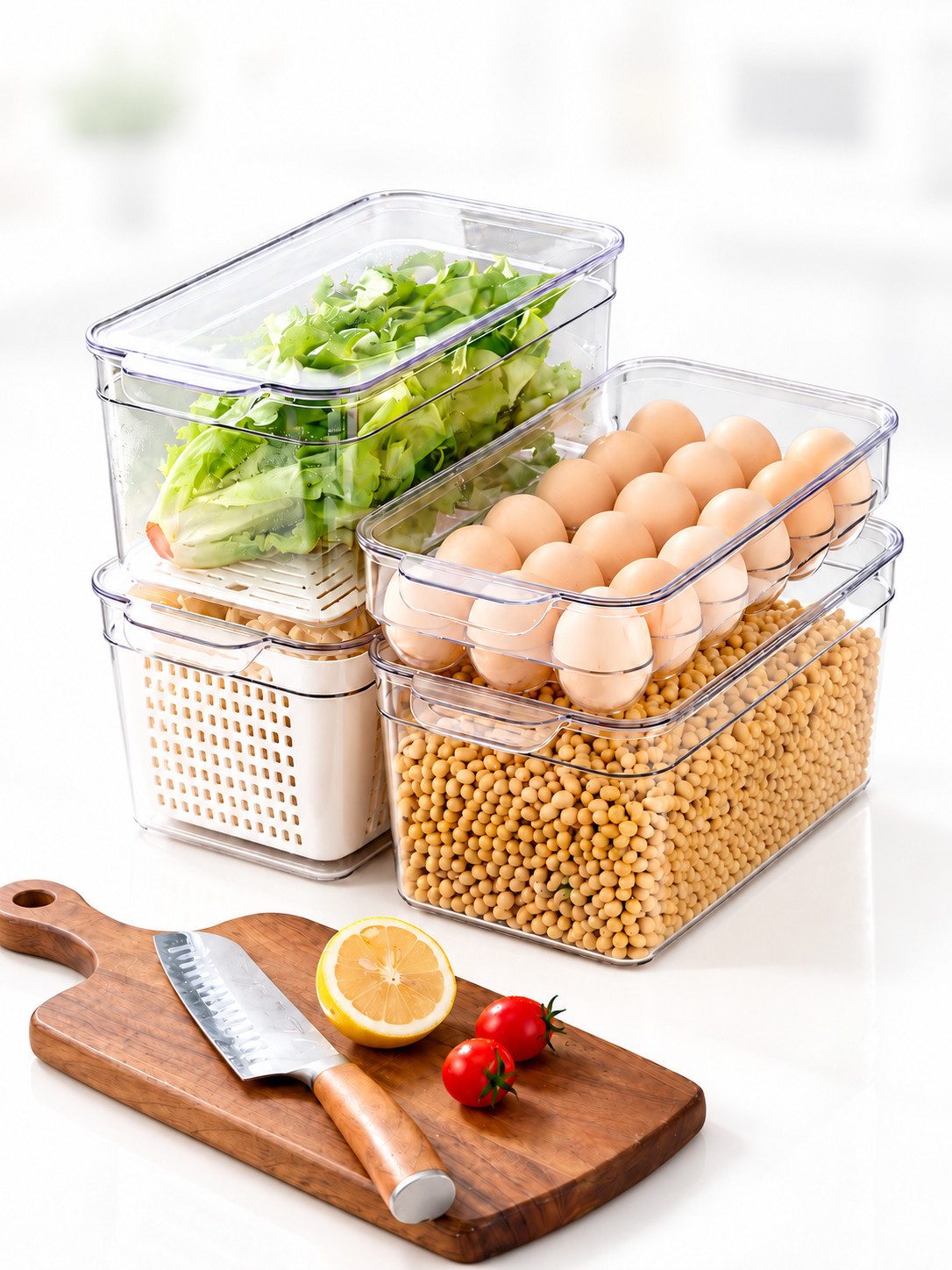 Creliv Korbeinsatz, Kühlschrank Organizer Set 4-tlg, Frischhalteboxen mit Deckel, Stapelbar, BPA Frei