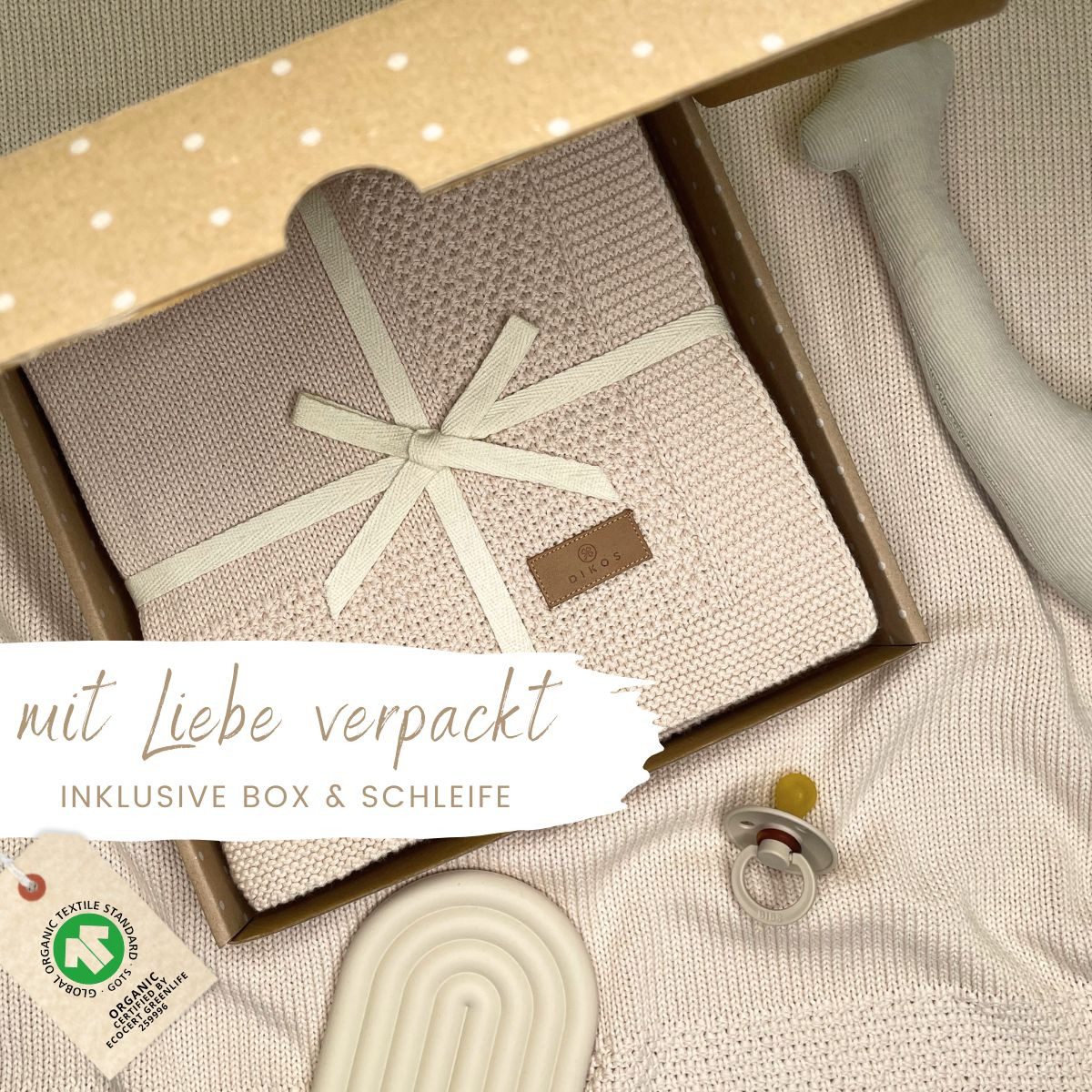 Babydecke DIKOS® Kuscheldecke Bordüre *100%* Bio Baumwolle, Geschenk zur Geburt, DIKOS, Strickdecke 75×100, Baby Erstausstattung Neugeborene, Babygeschenk