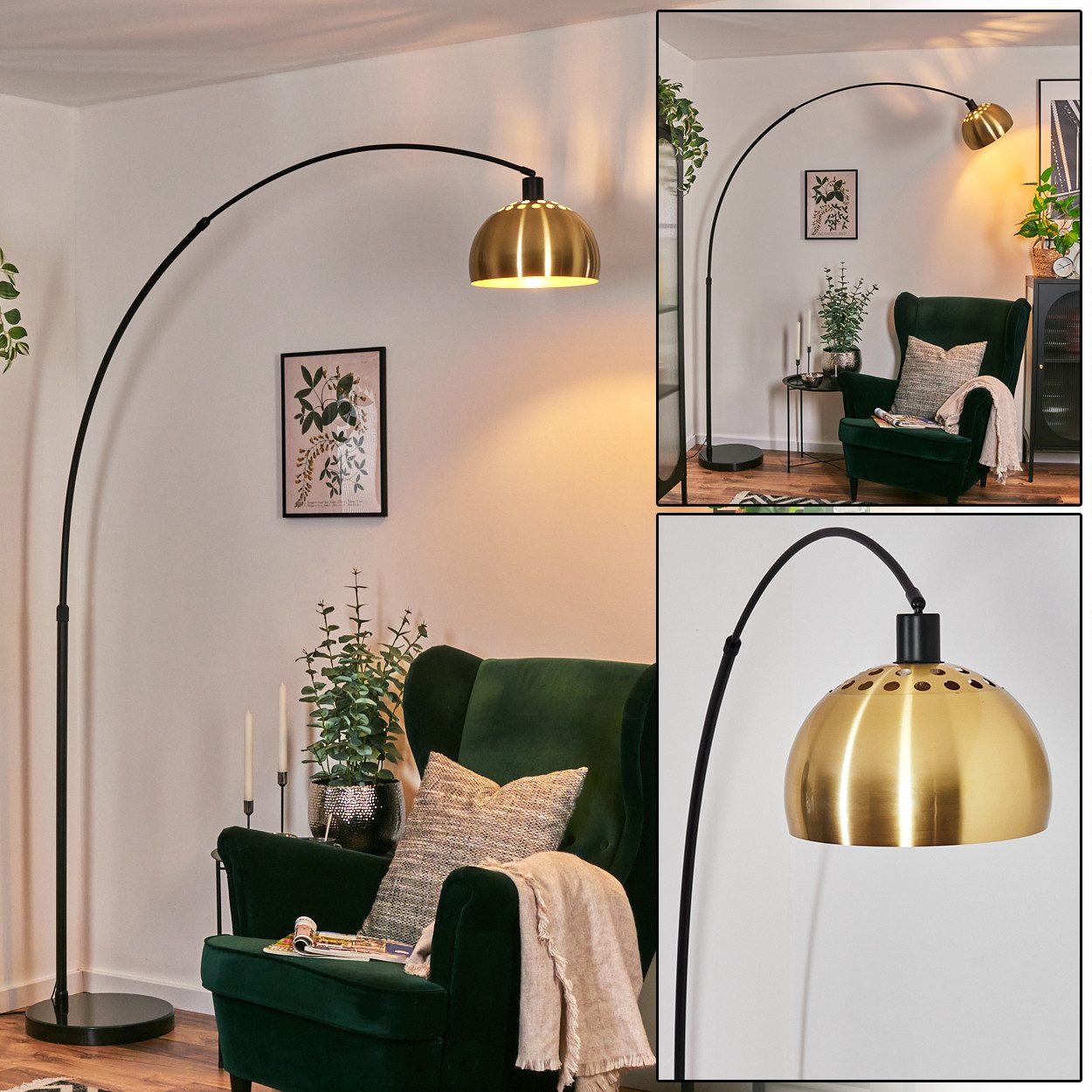 Bogenlampe Stehlampe Metall in Schwarz/Messing gebürstet/Gold im Retro-Design