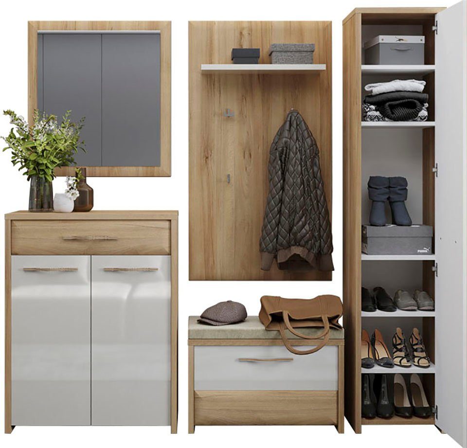 OTTO home Garderoben-Set Gala, (Set, 5-St., Garderobenschrank,Schuhschrank,Schuhbank,Garderobenpaneel,Wandspiegel), Soft-Close Funktion, Hochglanz UV lackiert