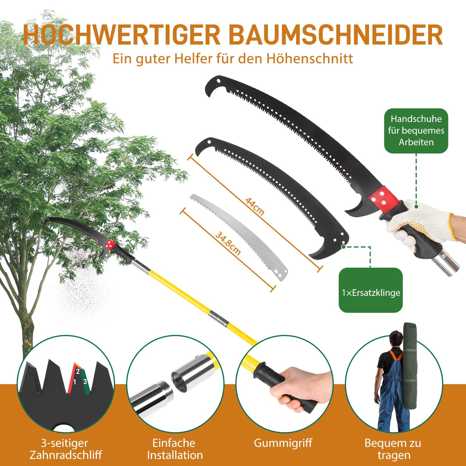 LALAHO Gartensäge Astschere Teleskop mit Stiel 8m Handsäge Einstellbare Länge, Astscheren-Set mit Tragetasche & scharfem Sägeblatt – Bild 2 von 5