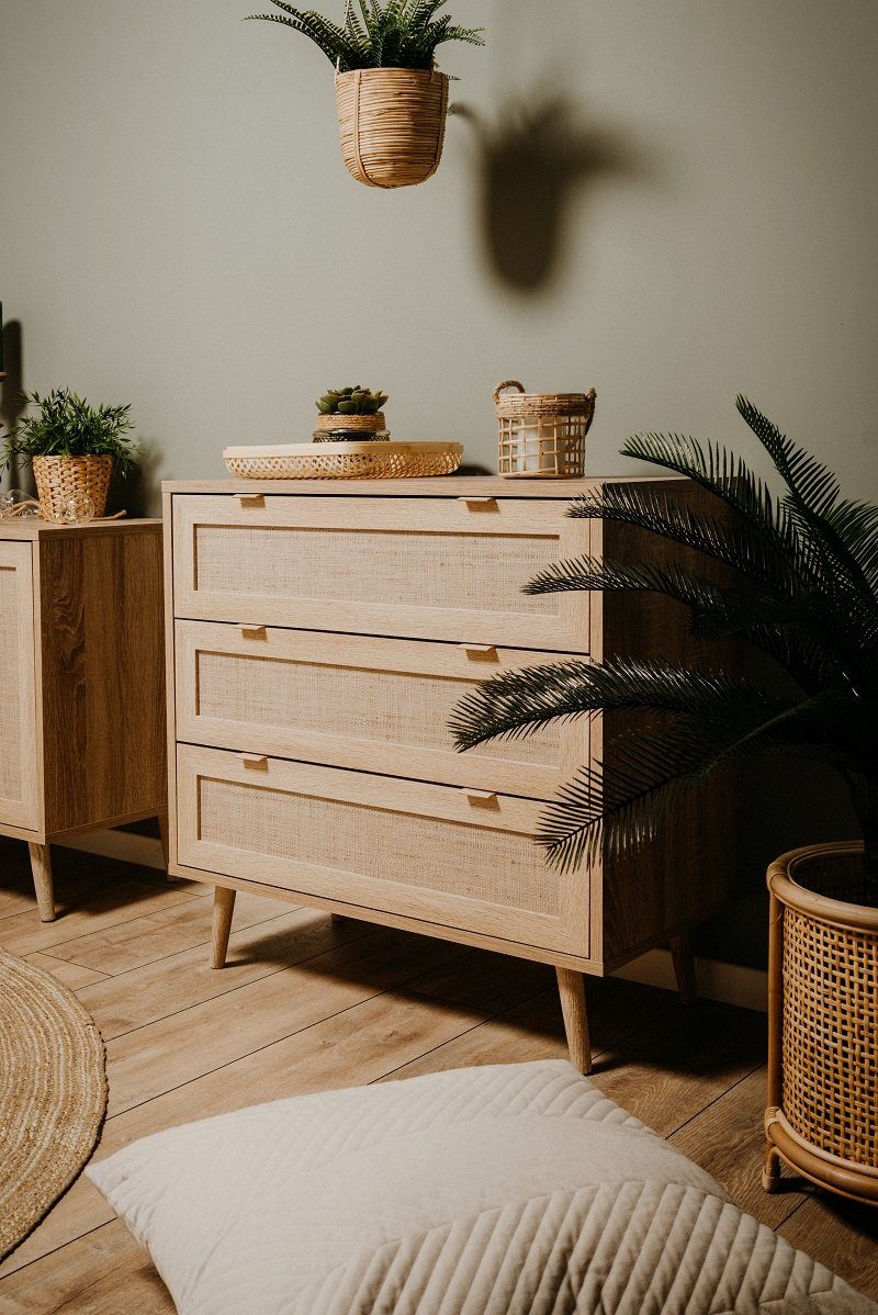 Finori Sideboard Sideboard Schubkastenkommode Bali, Sonoma Eiche / Rafia Geflecht