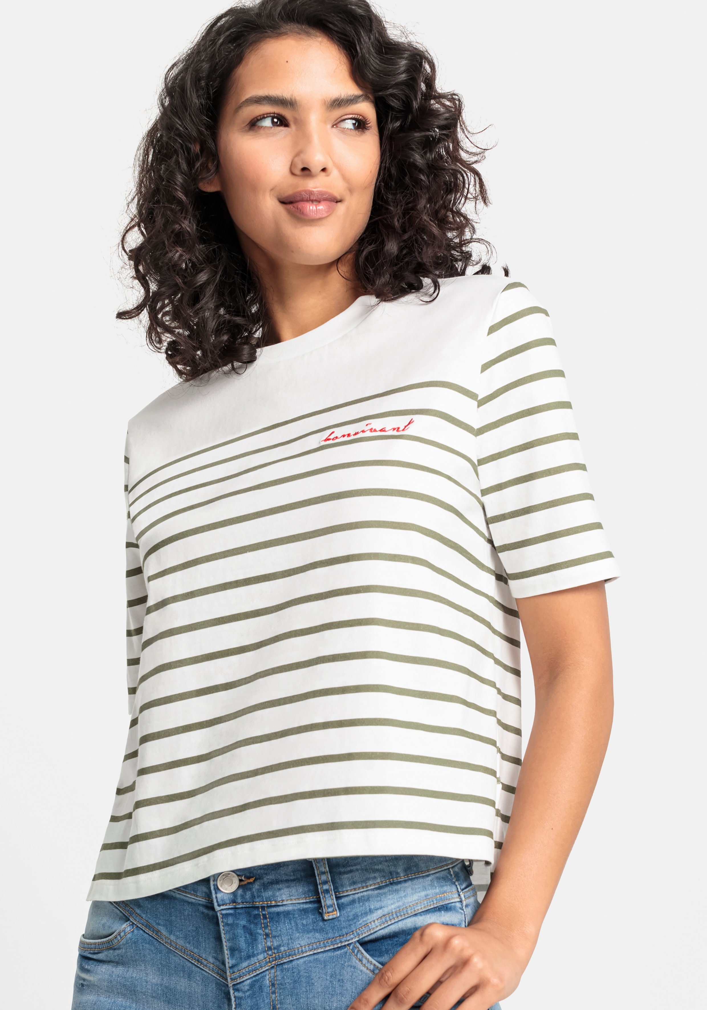 LASCANA T-Shirt mit Streifen weiß-khaki gestreift