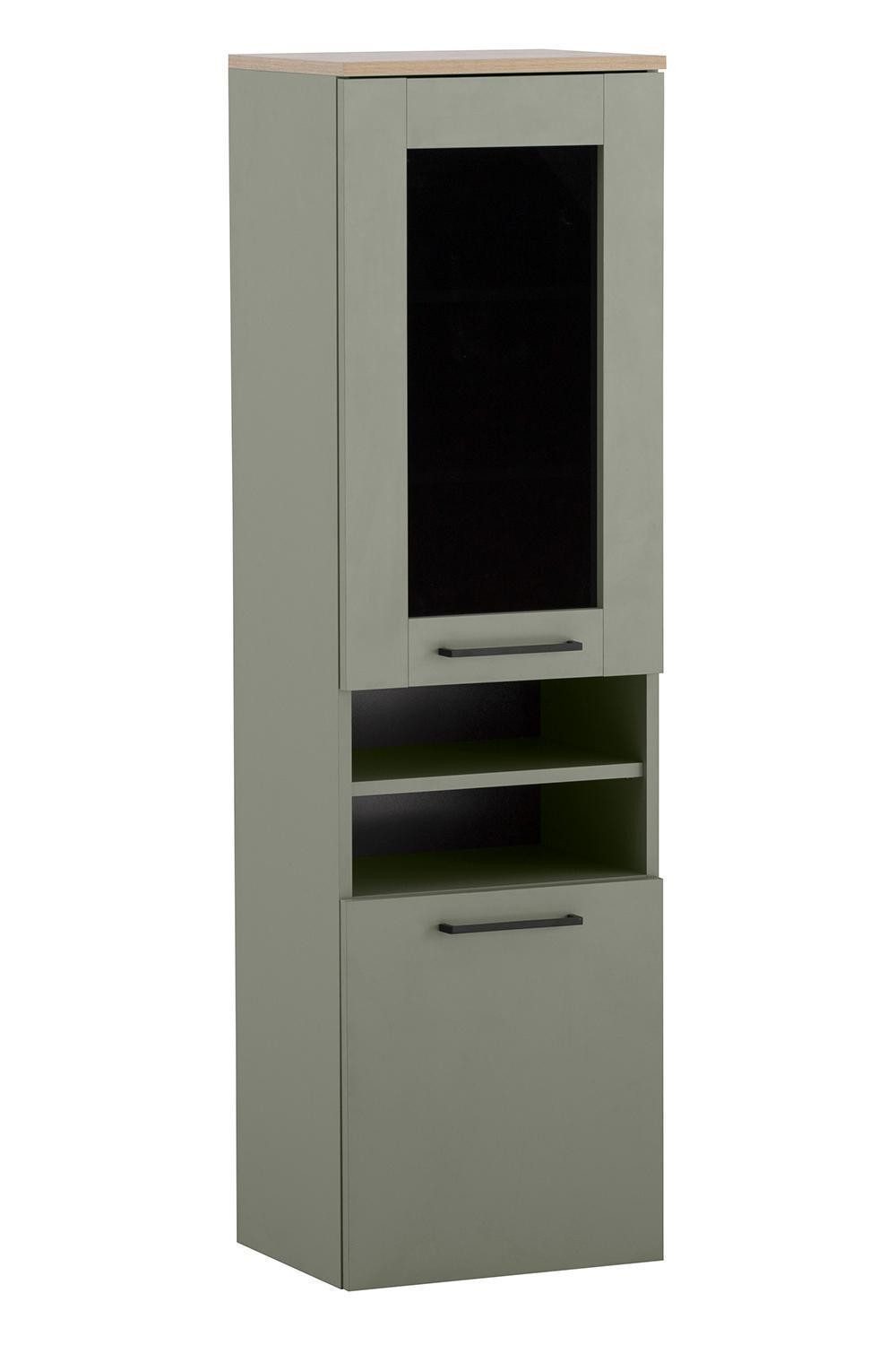 Vito Midischrank MALO, Pistaziengrün, Eiche Dekor, 1 Glastür, 1 Tür, Soft-Close-Funktion, B 40 x H 140 x T 32 cm