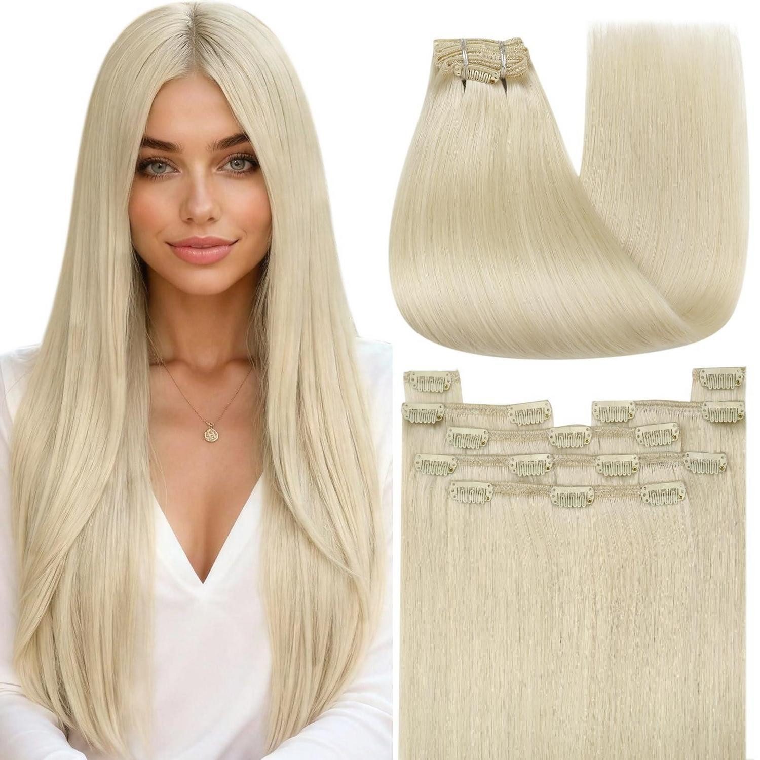 Echthaar-Extension Extensions Clip in Echthaar Platinblond 60cm 1-Clip-3-#60A 60 cm-150g