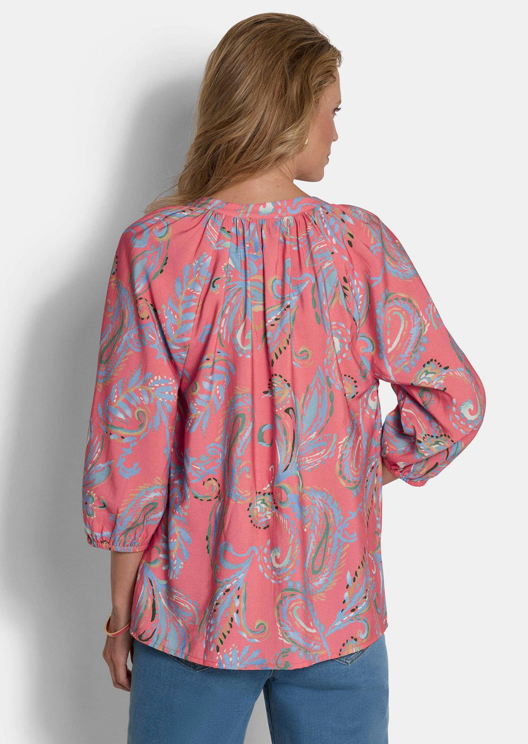 GOLDNER Schlupfbluse Viskosebluse mit Paisley-Muster Schlupfbluse mit Rundhals mit V-Schlitz, Bindeband und 3/4-Ärmeln