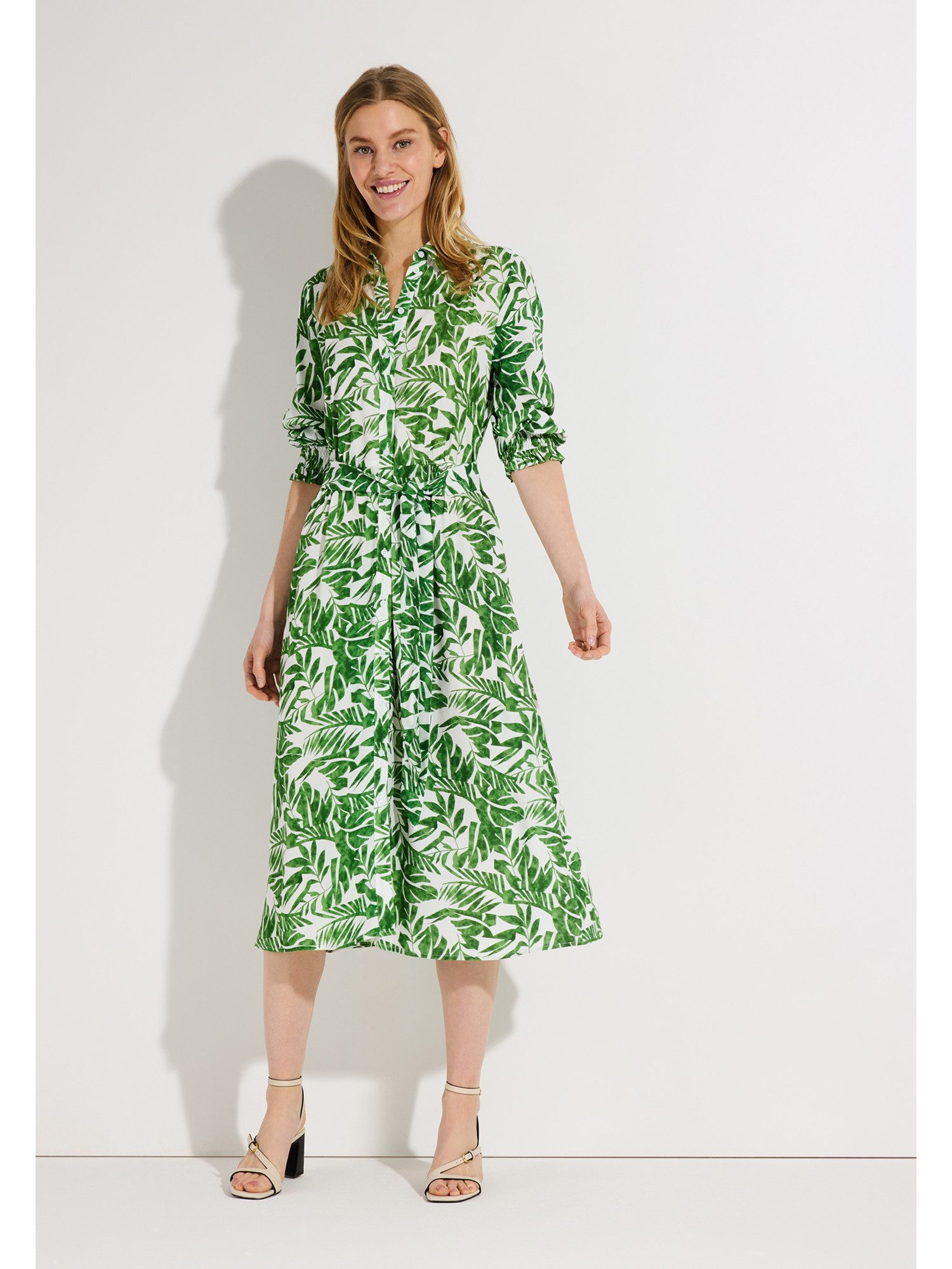 MORE&MORE Blusenkleid fließendes 3/4 Arm-Maxikleid, Blätterprint