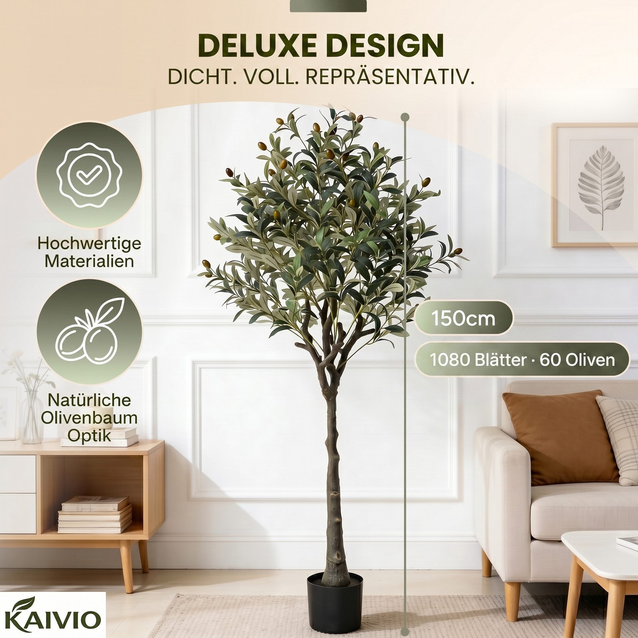 Kunstbaum KAIVIO Künstlicher Olivenbaum 150 cm Deluxe, Kaivio, Höhe 150 cm, Naturgetreue Optik mit 1080 Blättern und 60 Oliven – Bild 3 von 5